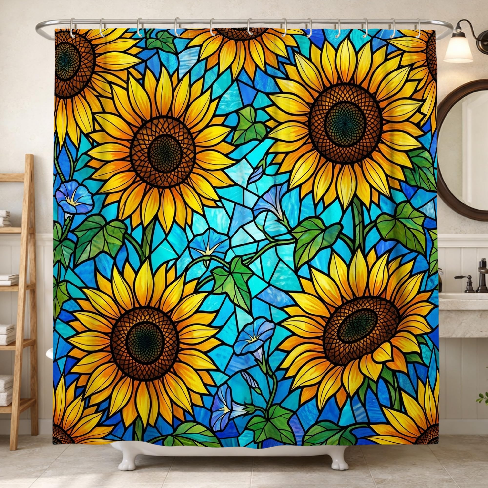 Rideau de douche tournesol vitrail botanique grand format 183 x 198 cm