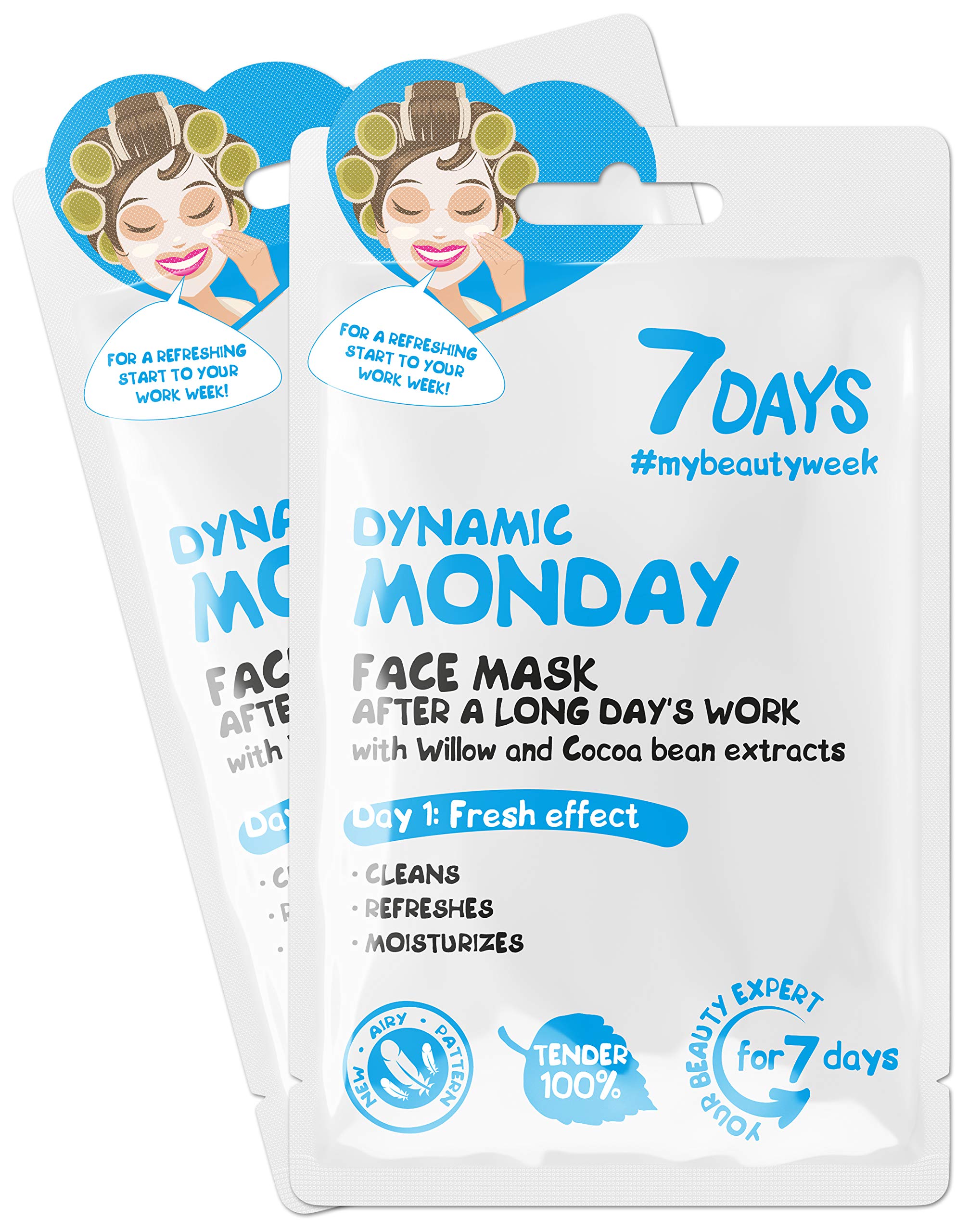 7DAYS Face Sheet Masks with Hyaluronic Acid, Shea Butter, Willow, and Cocoa Bean Extracts for Hydration, Smoothing, Anti Aging for Skincare | 2 pc x 28g