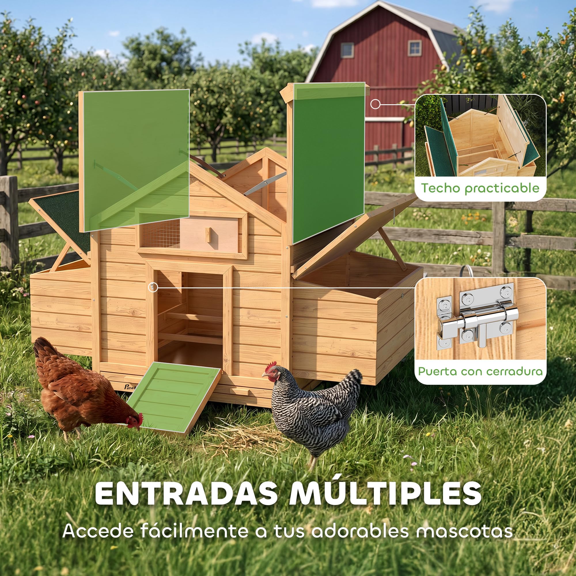 PawHut Gallinero de Madera para Exterior, 2 Nidos, Bandeja Extraíble, Techo Impermeable, 150x100x96,5 cm, Amarillo