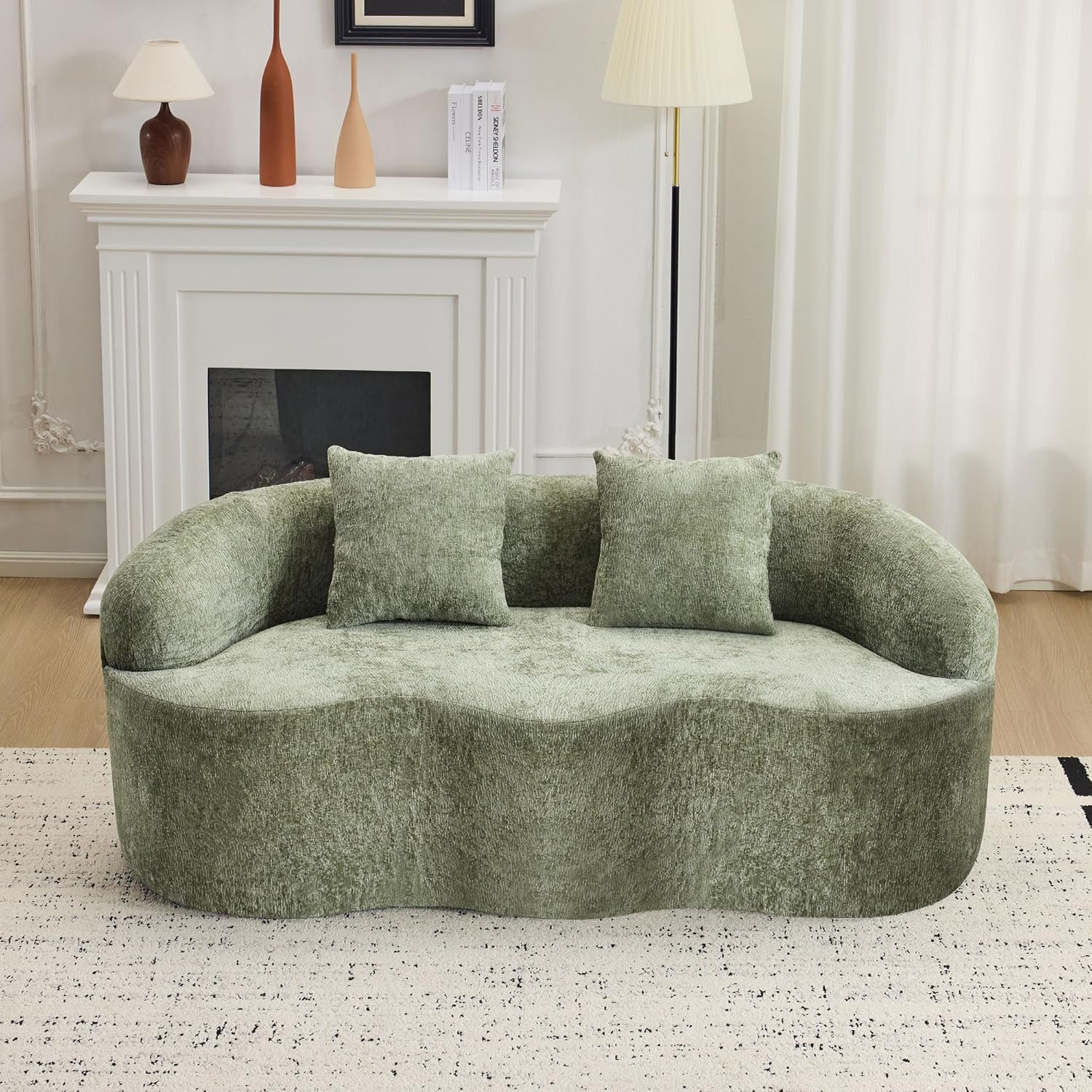66.93" Curved Loveseat, 2 Seater Foam Sofa Soft Chenille Round Couch Cloud Sofa Deep Seat Love Seat with 2 Pillows, Modern Boneless Compression No Assembly Comfy Small Couches for Small Spaces (Green)