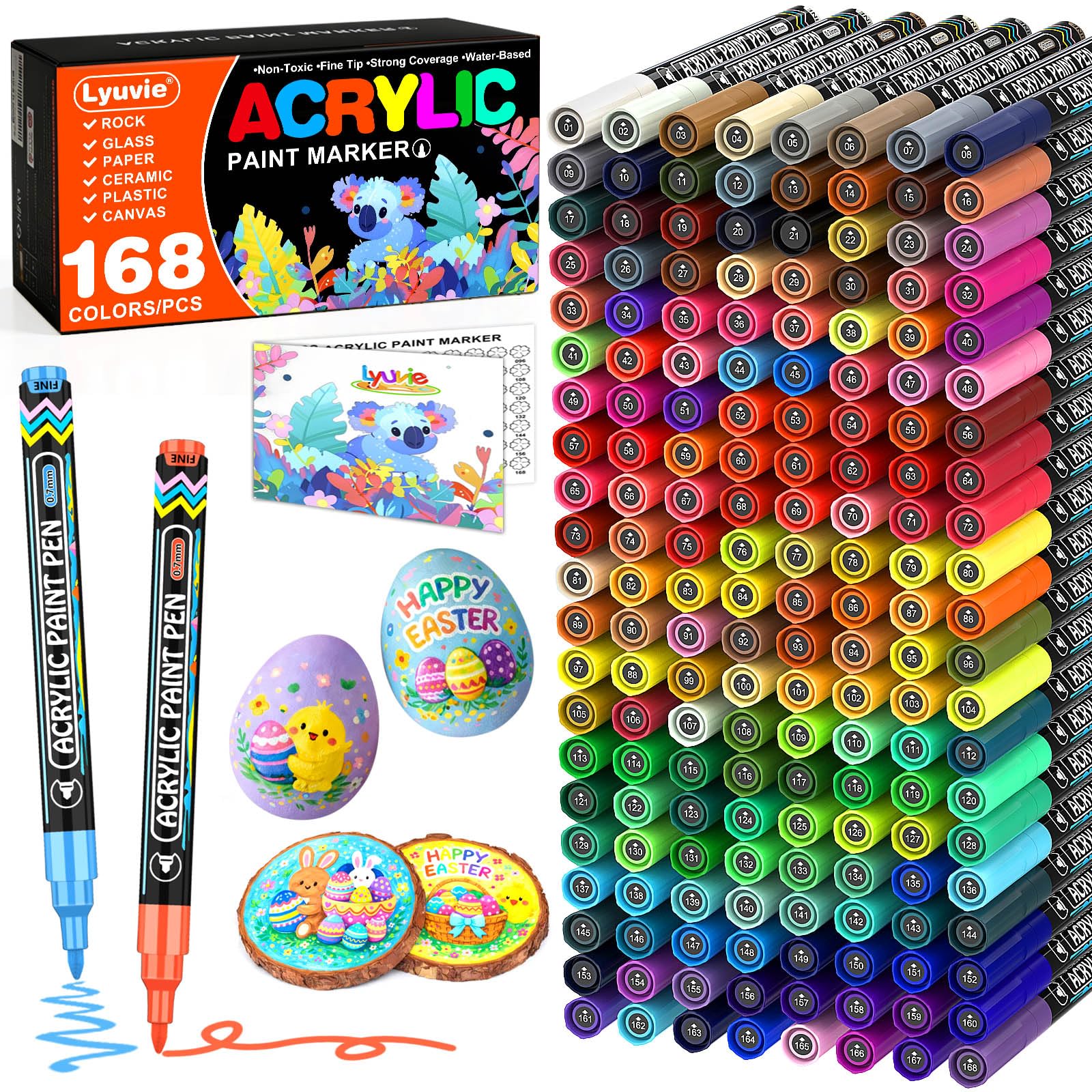 Lyuvie 168 Farben Acrylstifte für Steine Wasserfest,Permanent Marker Acrylstifte Wasserfest 0,7mm Extra Feine Spitze,Acrylmarker für Holz Rock Painting Kiesel Stein Glas Metall Keramik