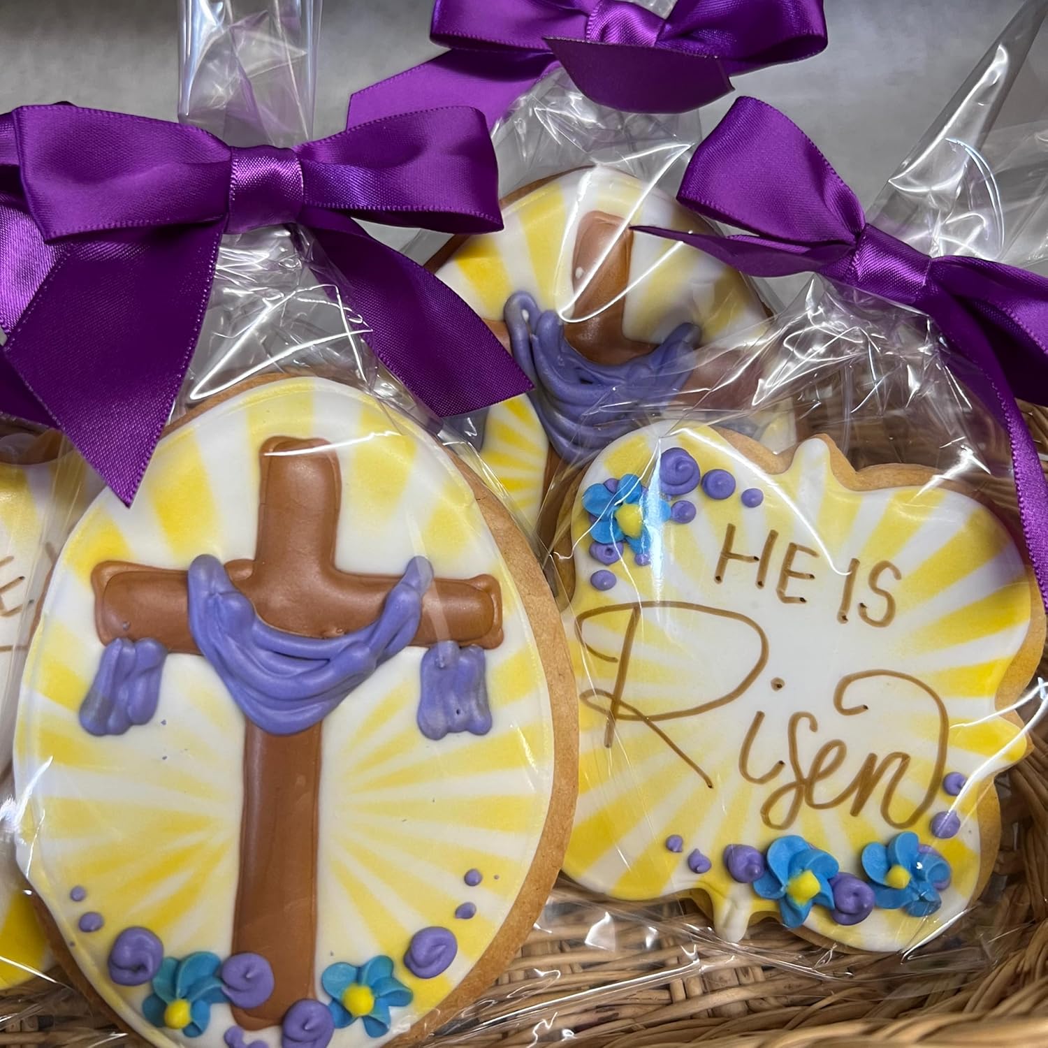 Easter Cross He Is Risen Cookies- 6 Decorated Crunchy Shortbread Cookies Individually Wrapped With Bow by BakersDozenToGo