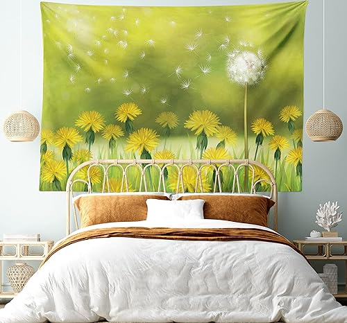 Miniatura 5 de Lunarable Tapiz de diente de león, campo de dientes de león en primavera con fondo borroso estilo Bokeh, decoración de tela para colgar en la pared