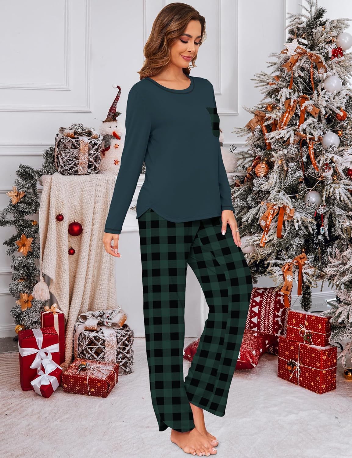 Cotton Pajamas for Women Set 2 Piece Lounge Sets Print Long Sleeve Soft Pjs Winter Loungewear Sleepwear with Pockets - Image 4