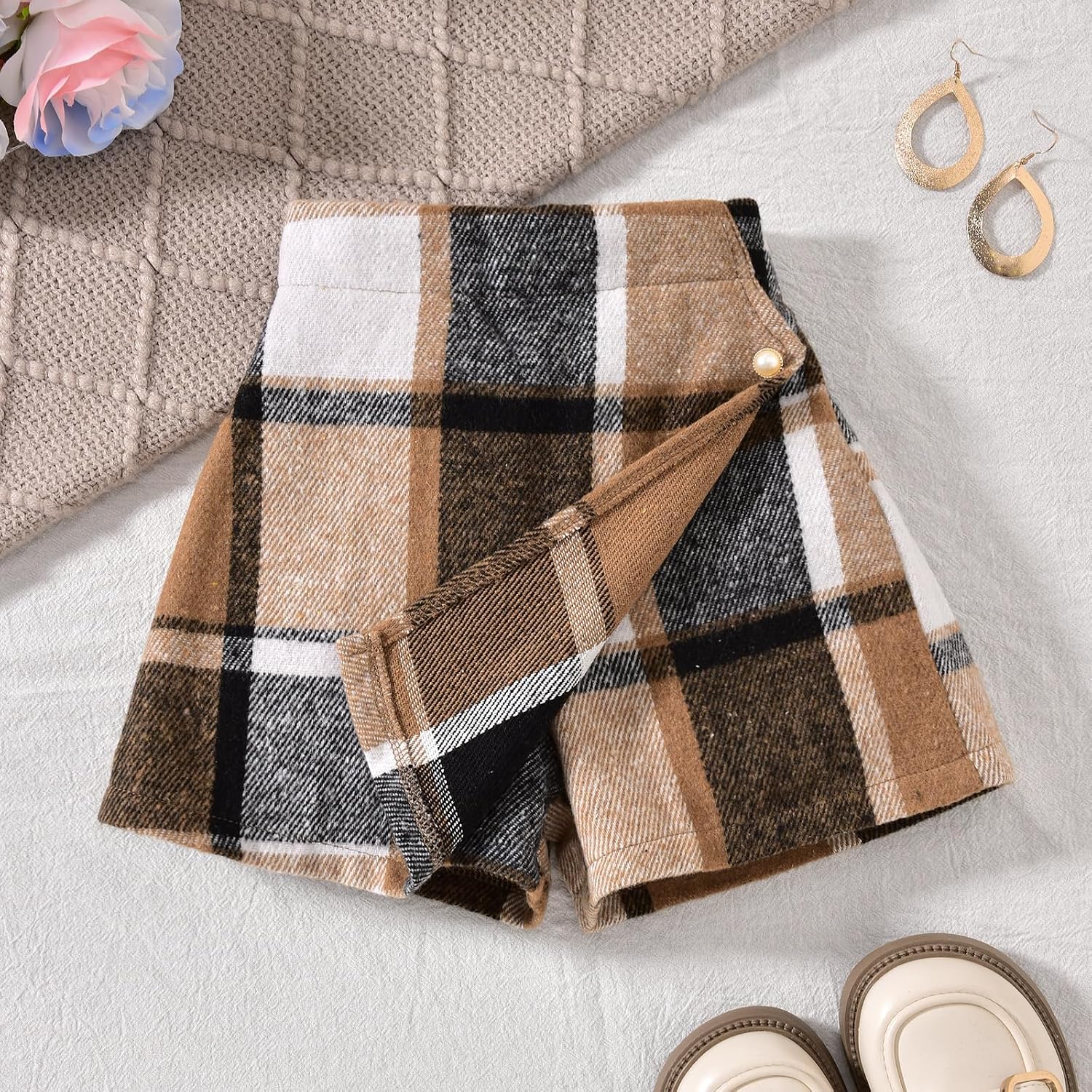 HINTINA Toddler Girl 4 Pieces Outfits Ruffles Long Sleeve Tops Plaid Skirt Jacket And Hat Fall Winter Clothes Set