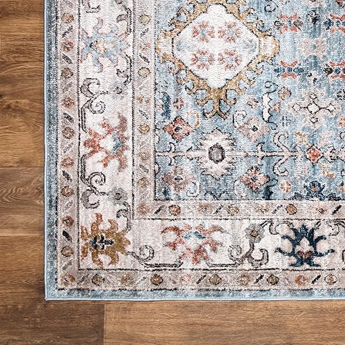 Miniatura 5 de Bloom Rugs Alfombra de pasillo de 2.5 x 10 pulgadas, color azul claro y óxido, con bordes tradicionales para entrada, pasillo, baño y cocina, tamaño