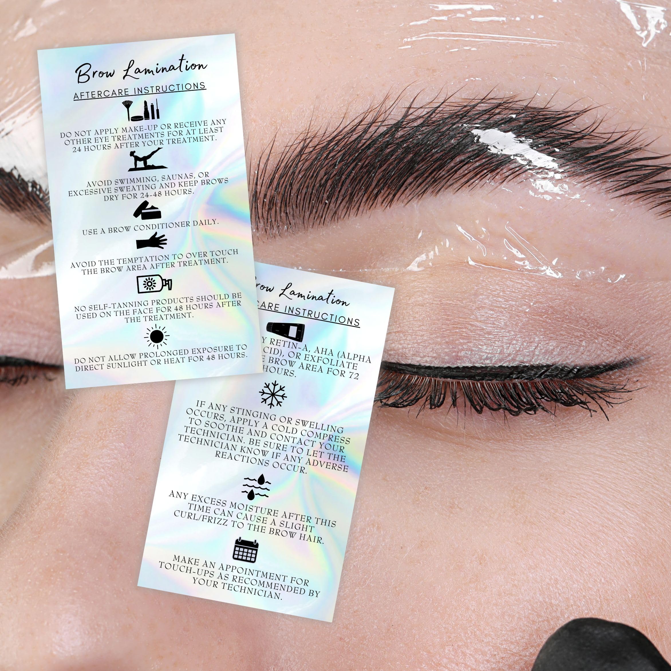 Tarjetas de cuidado posterior de laminación de cejas | Paquete de 50 | Tamaño de tarjeta de visita de 2 x 3.5 pulgadas | Kit de elevación de inicio en casa DIY para levantar cejas y tintar | Cejas