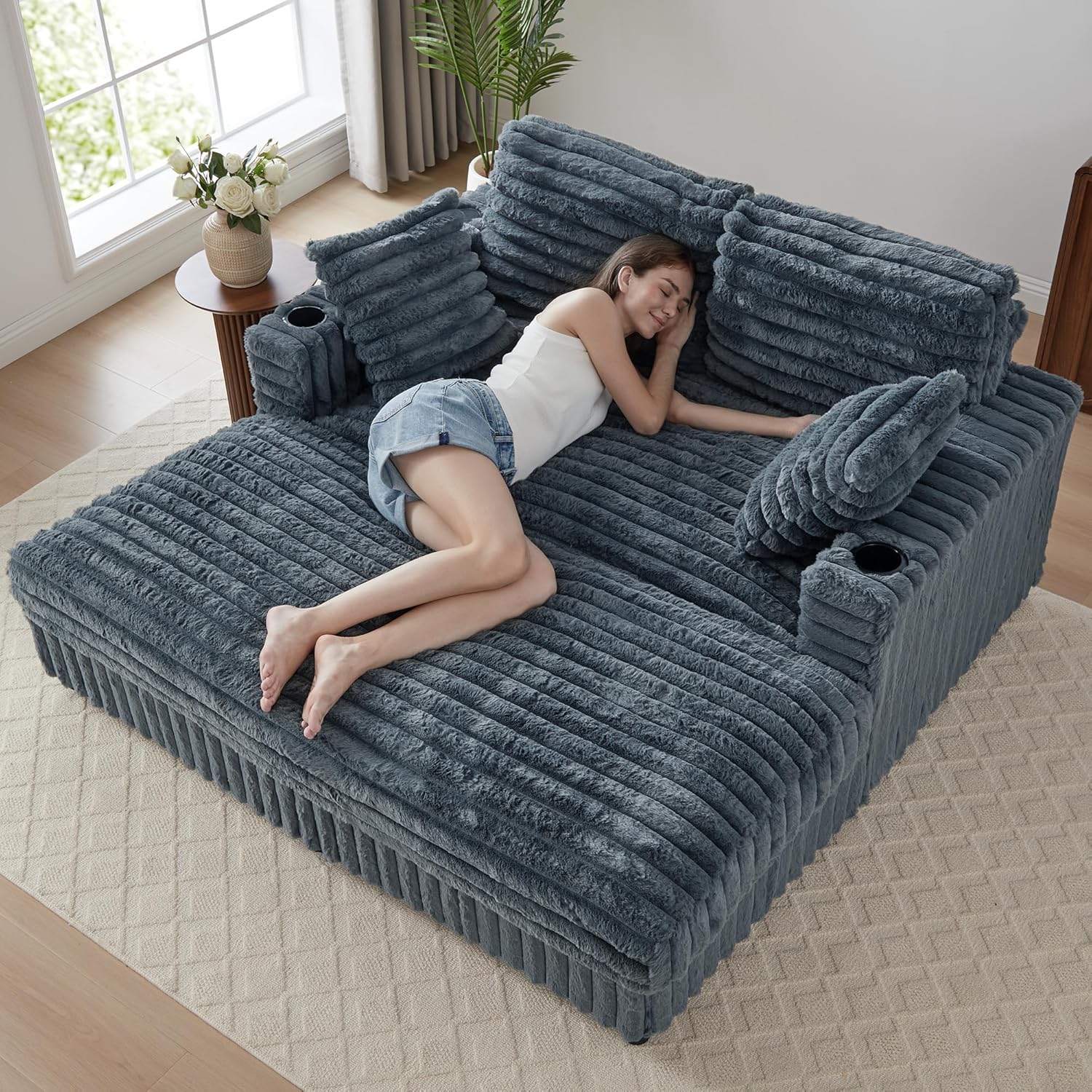 RARZOE 64" Oversized Faux Rabbit Fur Chaise Lounge Chair, Plush Sleeper Sofa Bed with Charging Station, Cup Holders & 4 Pillows, Grey Cloud Couch for Living Room