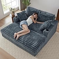 RARZOE 64" Oversized Faux Rabbit Fur Chaise Lounge Chair, Plush Sleeper Sofa Bed with Charging Station, Cup Holders & 4 Pillows, Grey Cloud Couch for Living Room