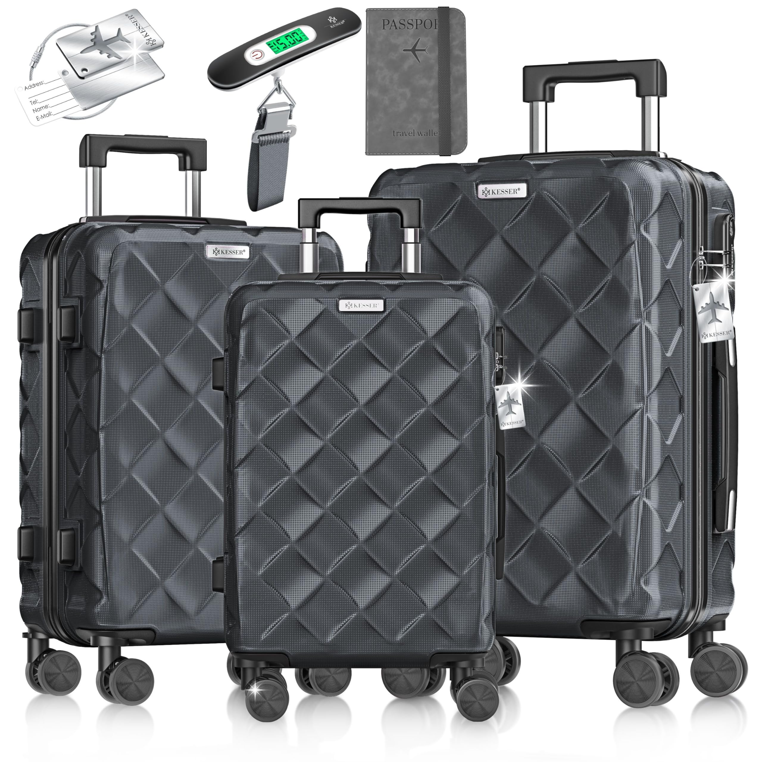 KESSER® Reisekoffer Set 3-teilig | Kofferset ABS Hartschalenkoffer mit Zahlenschloss, Kofferwaage & Reisebrieftasche 360° Rollen | Handgepäck & große Koffer für Business & Reise Trolley Charcoal