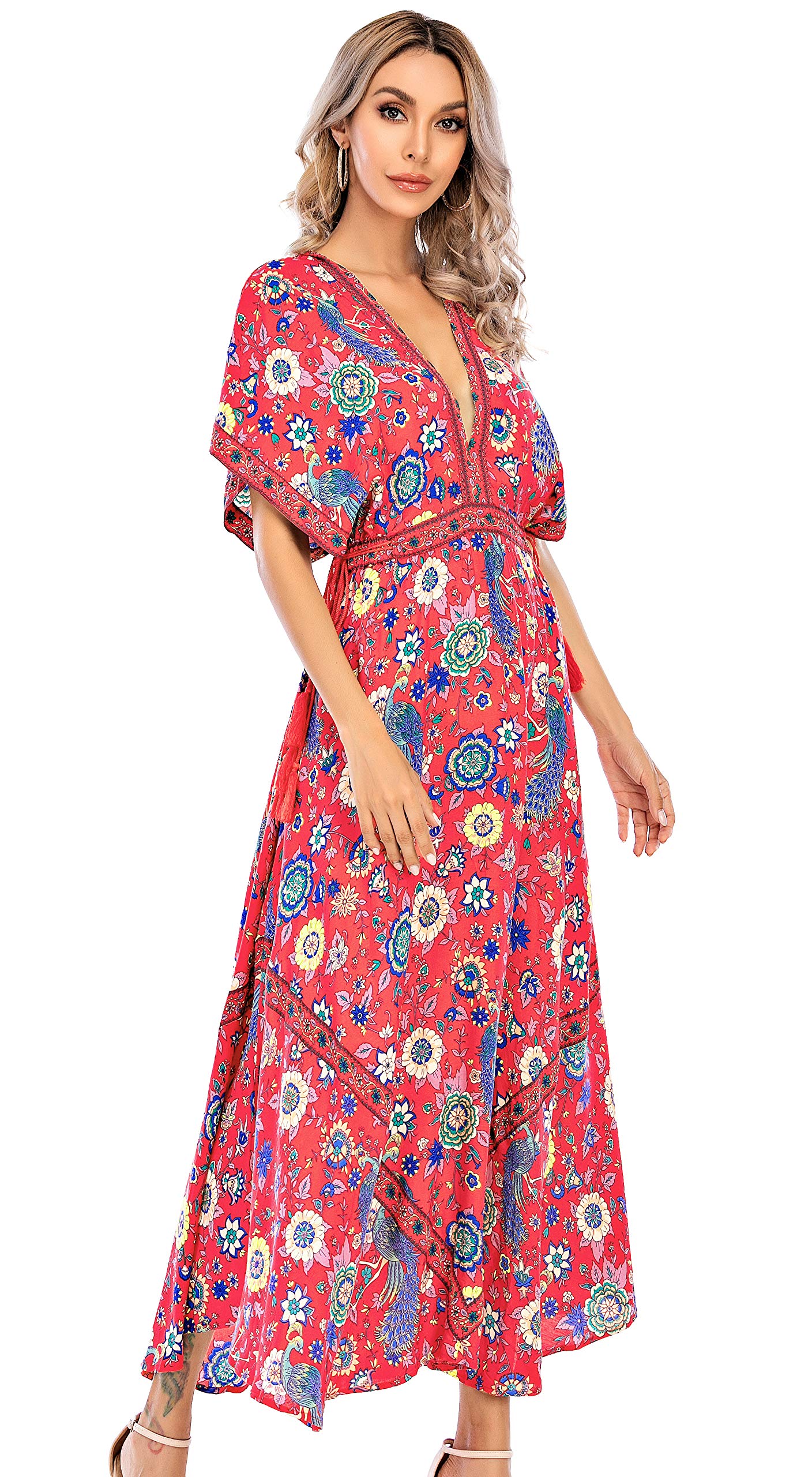 R.Vivimos Damen Sommer Boho Drucken Sexy Tiefem V-Ausschnitt Lang Kleid Rückenfrei Blumen Midikleid