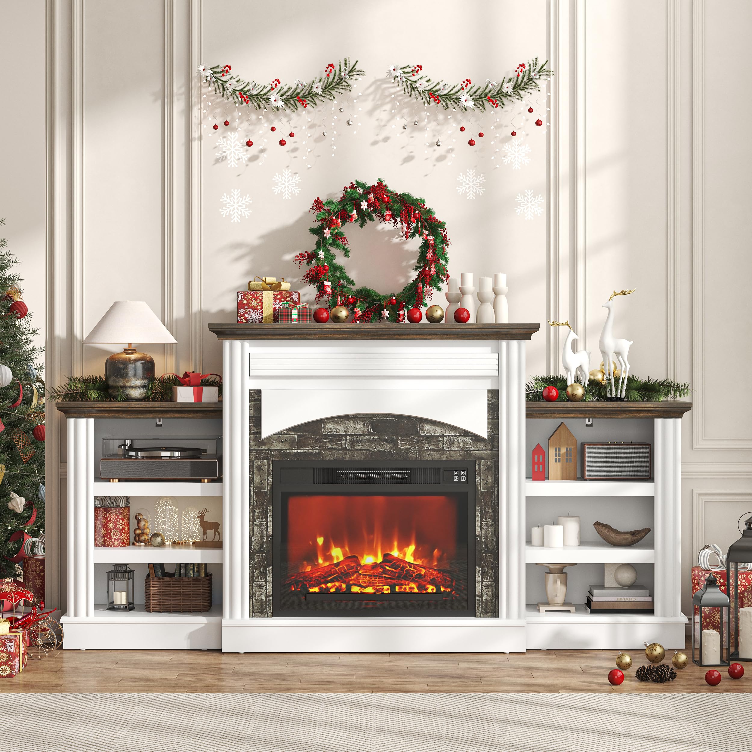 Bigbiglife 72" Fireplace TV Stand, Modern Farmhouse Electric Fireplace with Mantel and Cabinets,Stacked Stone Entertainment Center with 3D Realistic