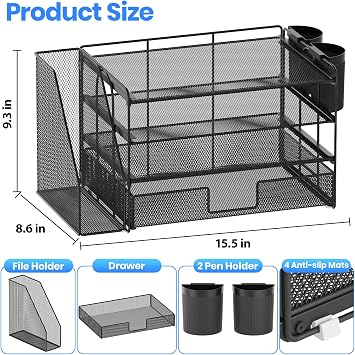 Desktop Organizer with File Holder, 4-Trays Paper Letter Tray Organizer with Drawer and 2 Pen Holders, Desk Organizers and Accessories for Office Supplies, Black (black)