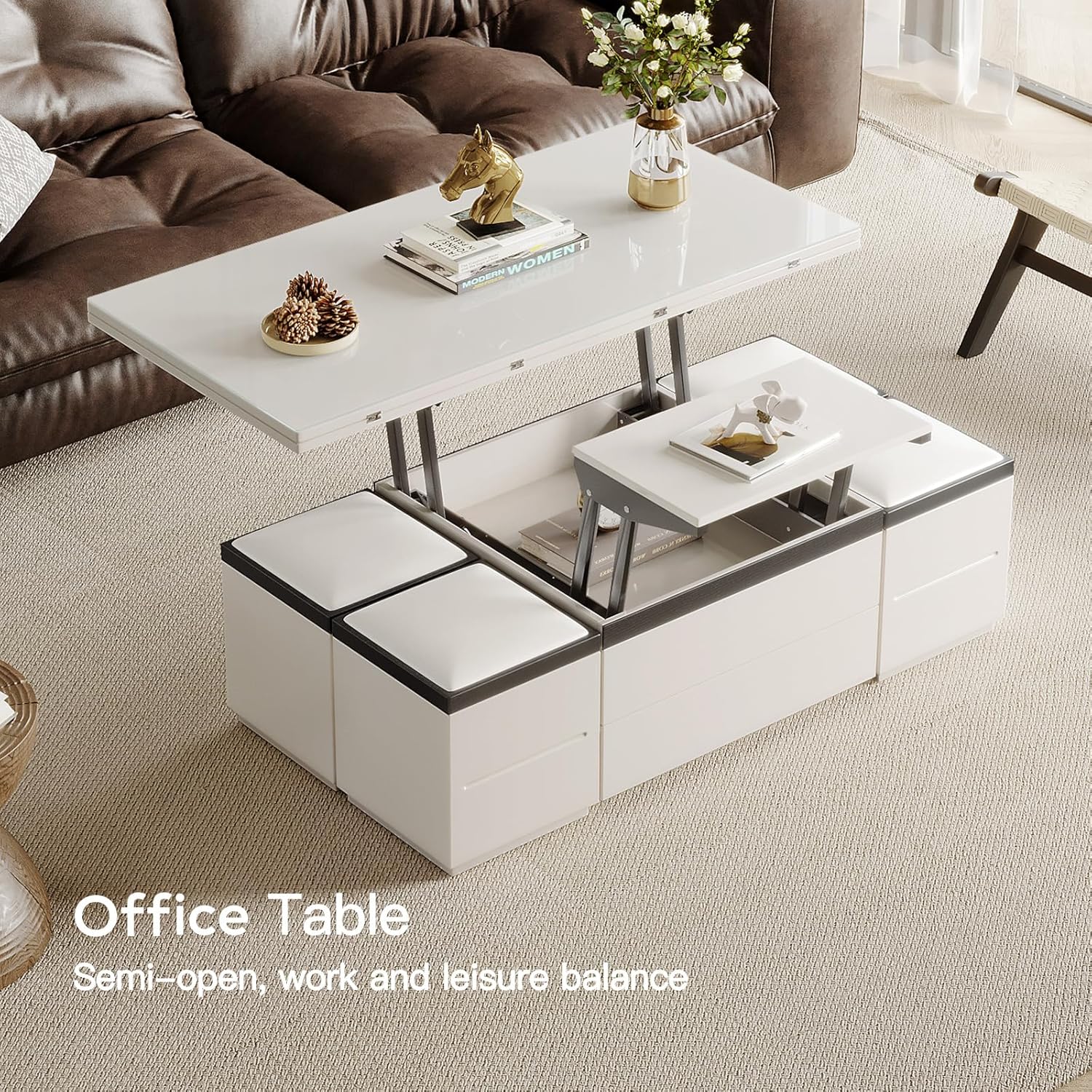 Sturdy Coffee Table with Lifting Top,Multifunction Modern Coffee Table with Four Stools,Storage Extendable End Tables for Living Room,Apartment,Eating Area,White