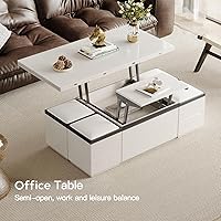 Vista 7 de Mesa auxiliar elevable con 4 taburetes, mesa de centro moderna de 47 pulgadas que se convierte en mesa de comedor con ruedas y cajones, mesa central