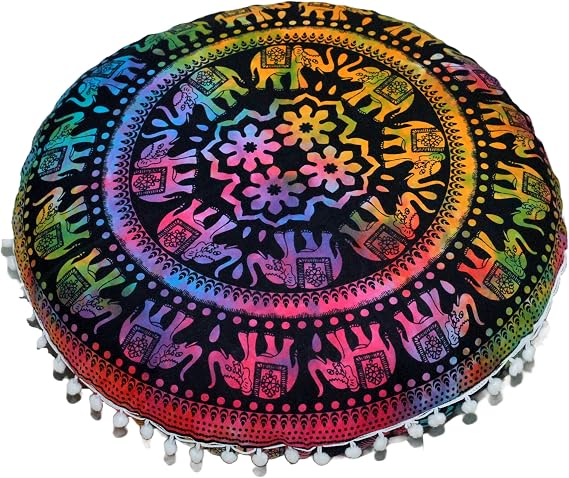 Round Mandala Floor Pillow Cover Seating Cushion Throw Case Hippie Decorative Bohemian Ottoman Pouf Cover, Pom Pom Pillow Cases,Boho Indian 22 Inches (Multi Up hathi)