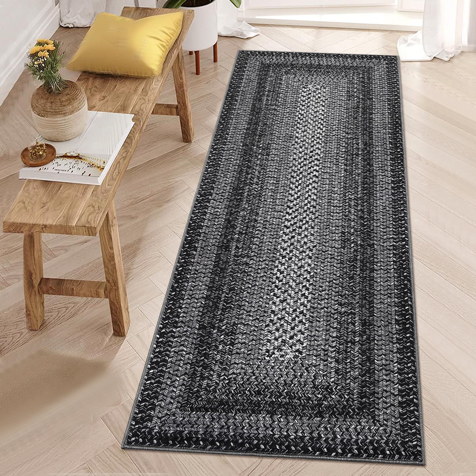 Runner Rug 2x8 Machine Washable Hallway Runner Rug Entryway Long Runner Carpet Braided Printed Throw Mat Non Slip Kitchen Mat Living Room Rustic Carpet for Bedroom Dining Room, Black