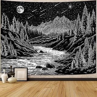 Zussun Black and White Forest Mountain Tapestry for Bedroom Aesthetic Dark Nature Pine Trees Stream Tapestries Wall Hanging Moon and Stars Wall Tapestry for Living Room Dorm 80 × 60 Inch