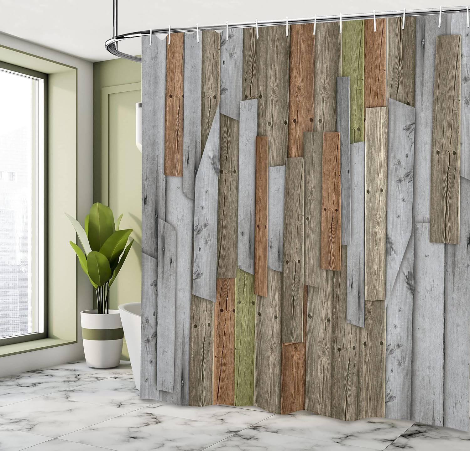 Ambesonne Rustic Shower Curtain, Grunge Wood Planks Barn House Door Nails Country Farm House Life Theme Layout, Cloth Fabric Bathroom Decor Set with Hooks, 69" W x 70" L, Blue Grey