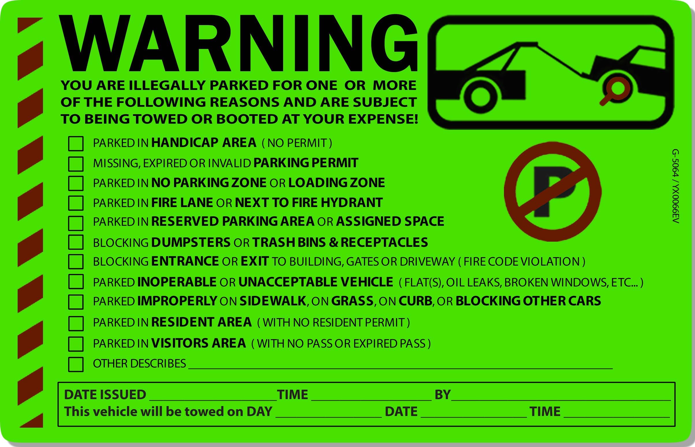 10 Green Fluorescent Multi Reason Warning Violation No Parking Towing Car Auto Sign Stickers 8" X 5"