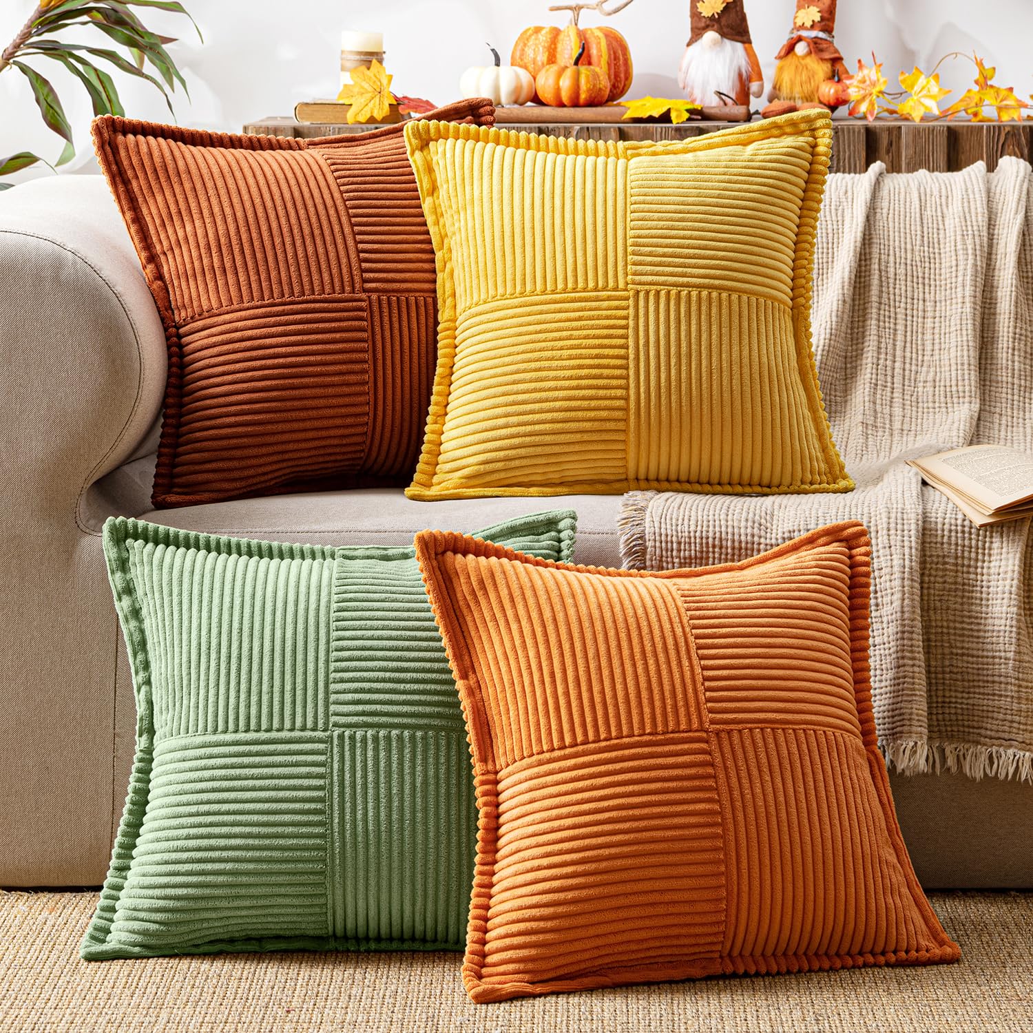 MIULEE 4er Set Kordsamt Kissenbezüge Weich Dekokissen Dekorativ Kissenbezug Modern Kissenhülle Sofakissen Zierkissen Couchkissen für Wohnzimmer Schlafzimmer Orange Grün Serie 40x40 cm