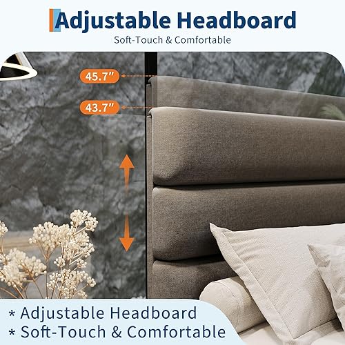Miniatura 3 de IDEALHOUSE Base de cama Queen con cabecera ajustable, tapizada de tela de lino y soporte de listones de madera, base de colchón resistente de