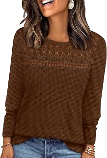 WIHOLL Womens Lace Long Sleeve Shirts Fall Tops Fashion Dressy Casual Lightweight Sweaters Mesh Clothes Trendy Waffle Knit