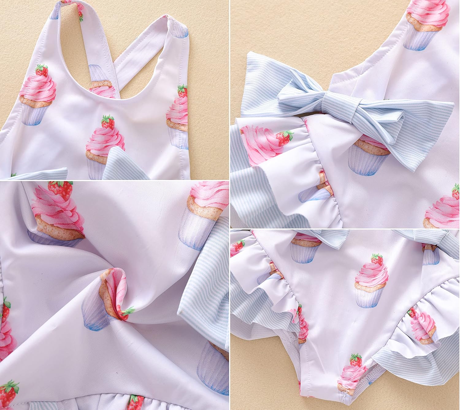 Baby Girls One-Piece Swimsuit Ice Cream Print Bathing Suit Ruffles Swimwear Cute Bowknot Beachwear