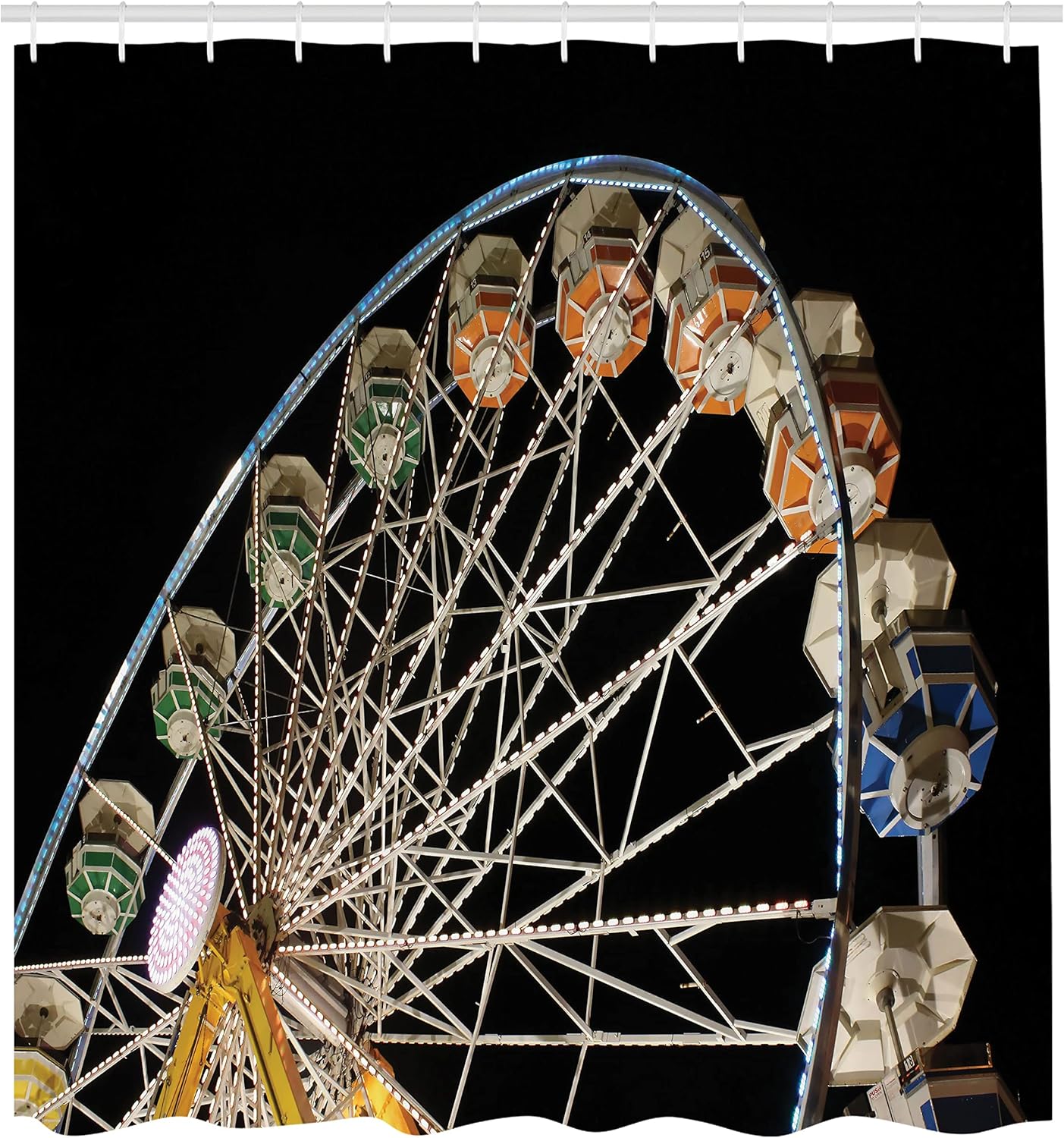Lunarable Ferris Wheel Shower Curtain, Entertainment in Colorful Amusement Park Ride at Night Carnival, Cloth Fabric Bathroom Decor Set with Hooks, 69" W x 70" L, Black and Multicolor
