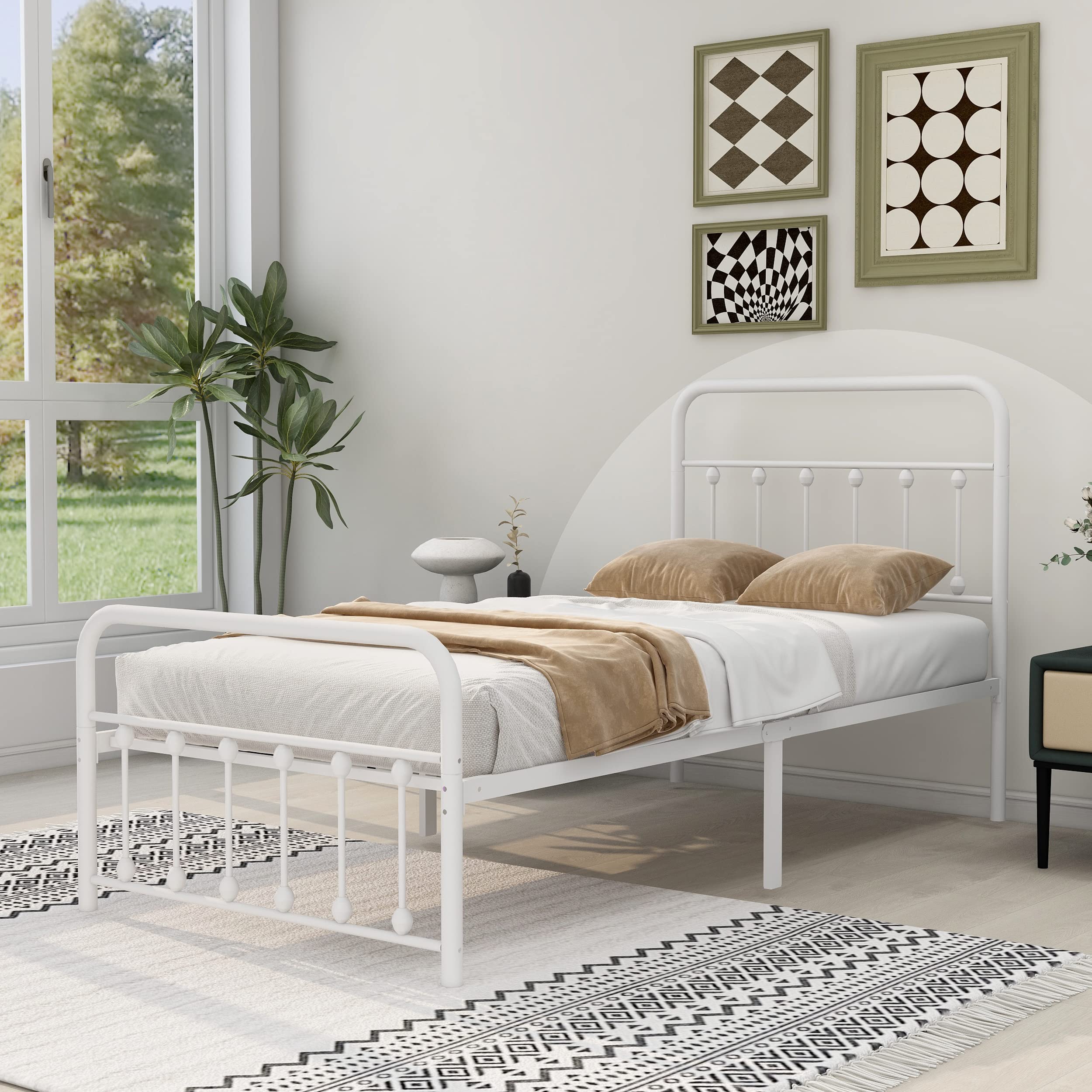 Platform Twin XL Size Metal Bed Frame with Vintage Headboard and Footboard, Heavy Duty Bed Frame with Large Storage, No Box Spring Needed, Easy Assembly, White