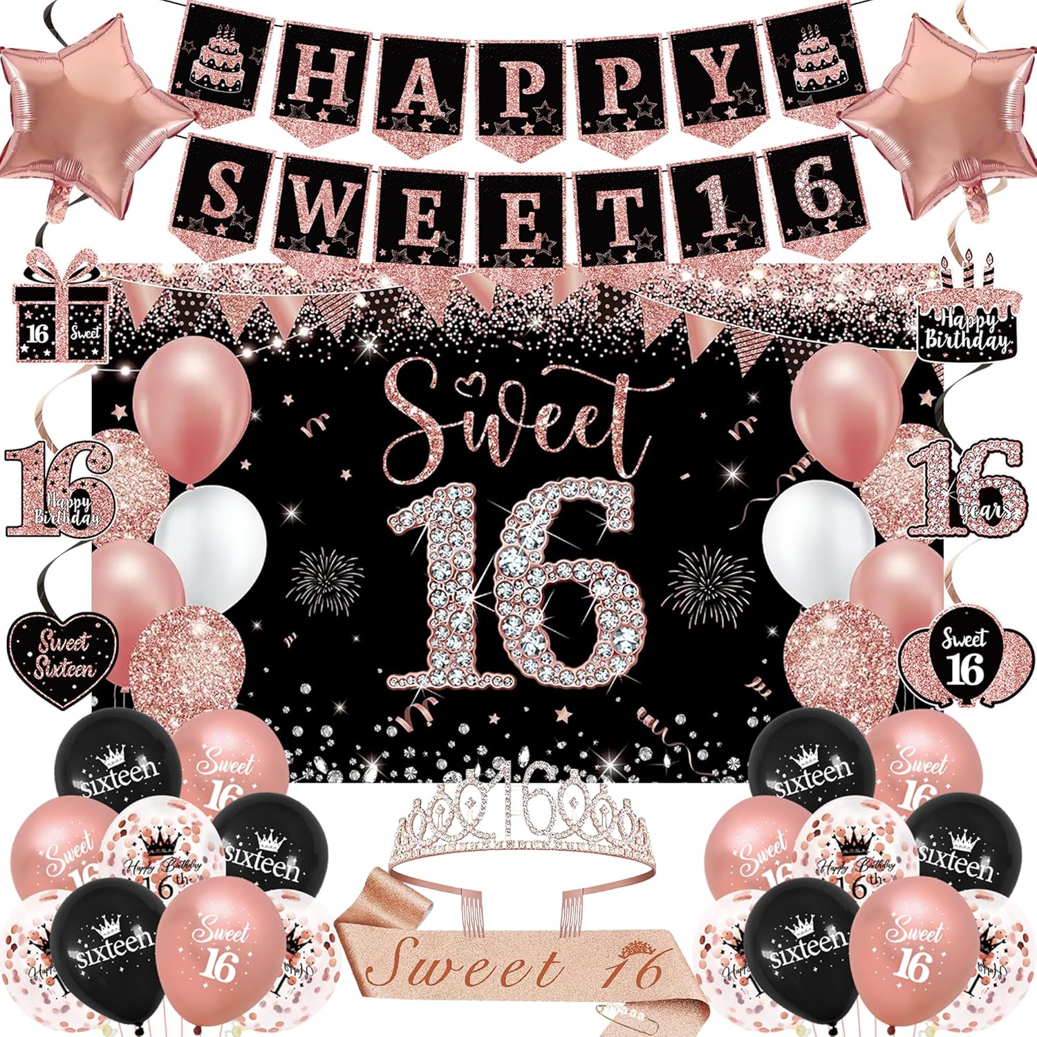 Trgowaul Sweet 16th Birthday Decorations for Girls, 30pcs Black Rose Gold Happy Birthday Party Supplies, 16th Crown and Sash, Banner, Hanging Swirl Flag, Balloons, 16 Year Old Party Decorations Kit