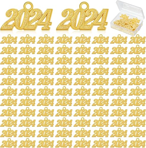 60 dijes para graduación con borla de graduación, dije de borla de oro con caja de almacenamiento para hacer joyas, bricolaje, collar, pulsera,