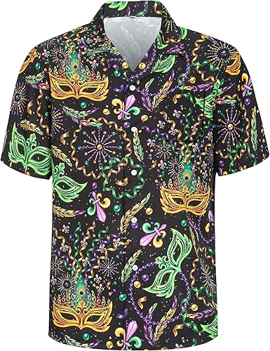 SightYoung Men Mardi Gras Shirts,Mardi Gras Hawaiian Button Down Shirt for Men W
