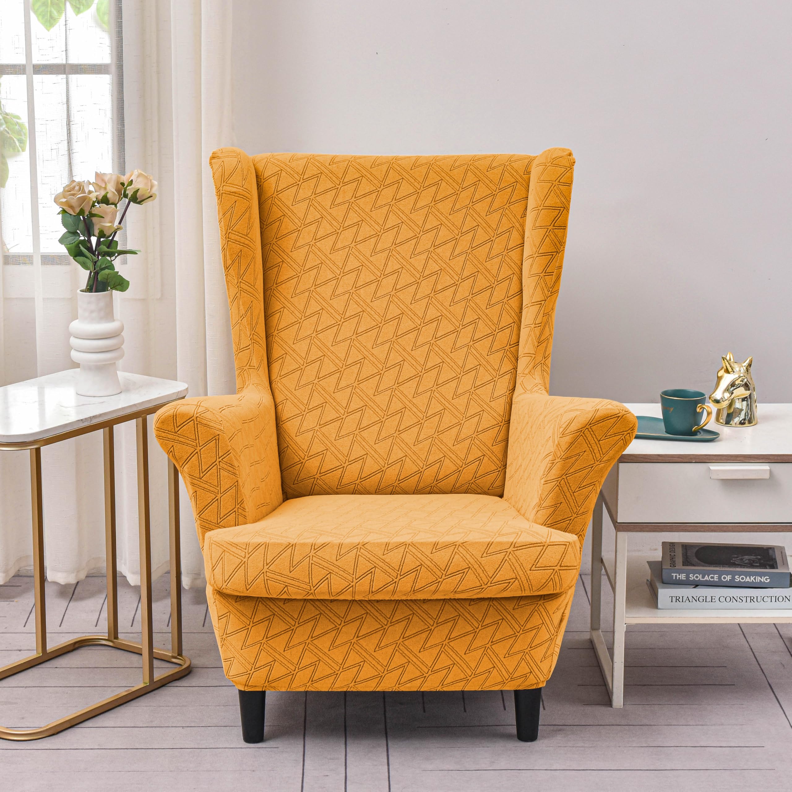 GKXLH Wingback Chair Covers - 2 IN 1 Design Armchair Covers Soft Wing Back Chair Cover Stretch Wing Chair Slipcover Furniture Protector for Living Room Bedroom Hotel (Jacquard Earthy Yellow) — image 1