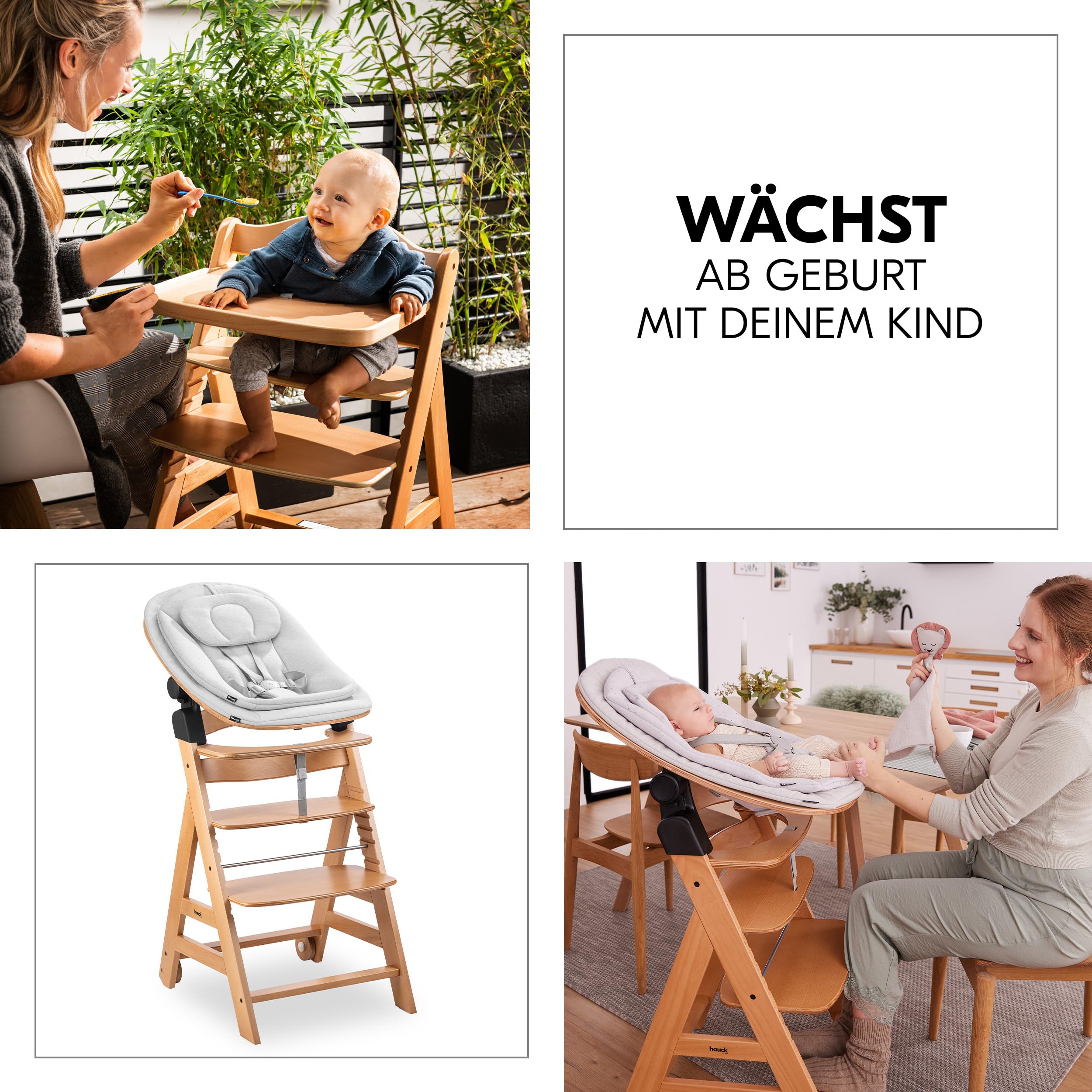 hauck Beta+ Hochstuhl Newborn Set mit Eco Bouncer - Natural | Mitwachsender Holz Kinderhochstuhl mit Rollen ab Geburt bis 90 kg | inkl. Neugeborenenaufsatz, Essbrett & Sitzkissen