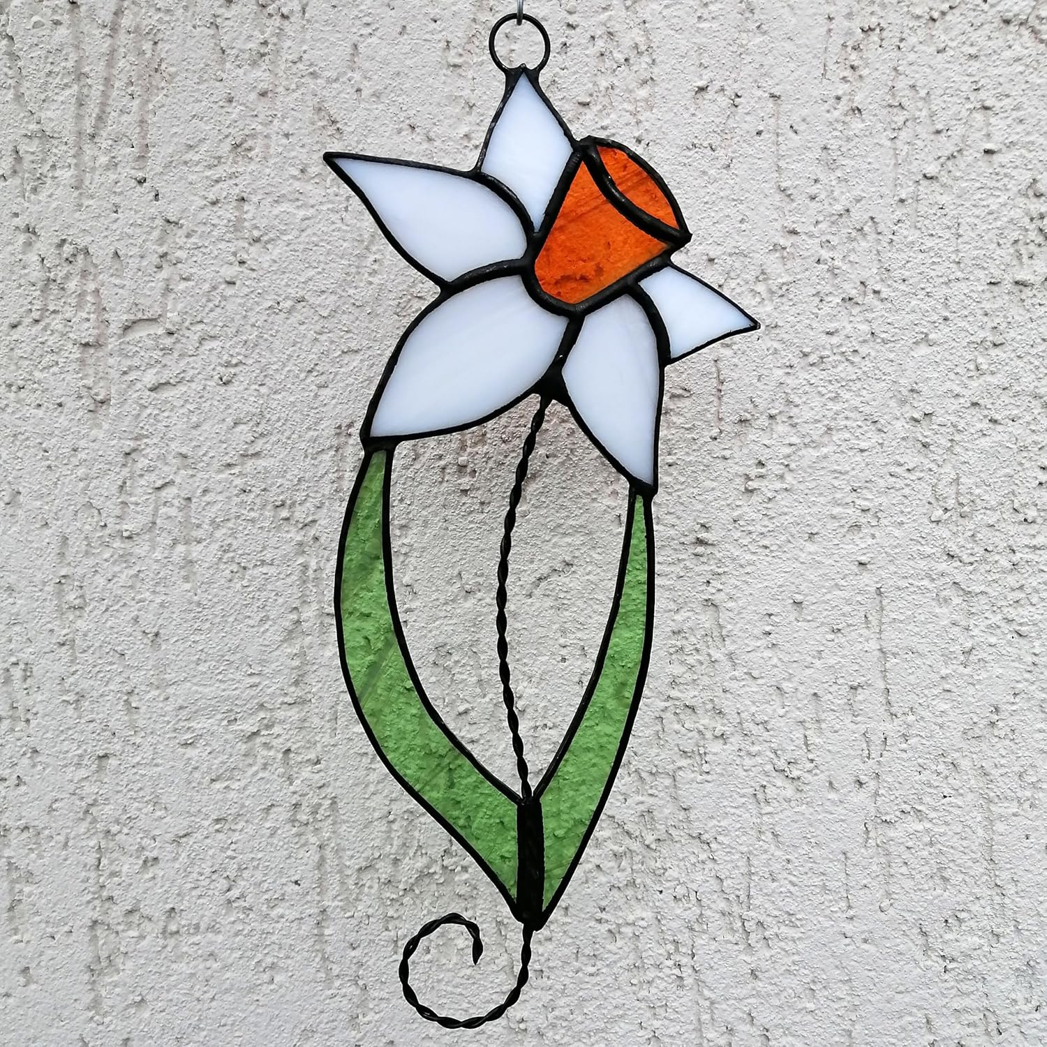Daffodil on Stem with Leaves Stained Glass Suncatcher Window Hanging or Wall Decor, Decorative Handmade Narcissus Sun Catcher, Handcrafted Flower Ornament Orange White, Mom Birthday Gift from Daughter