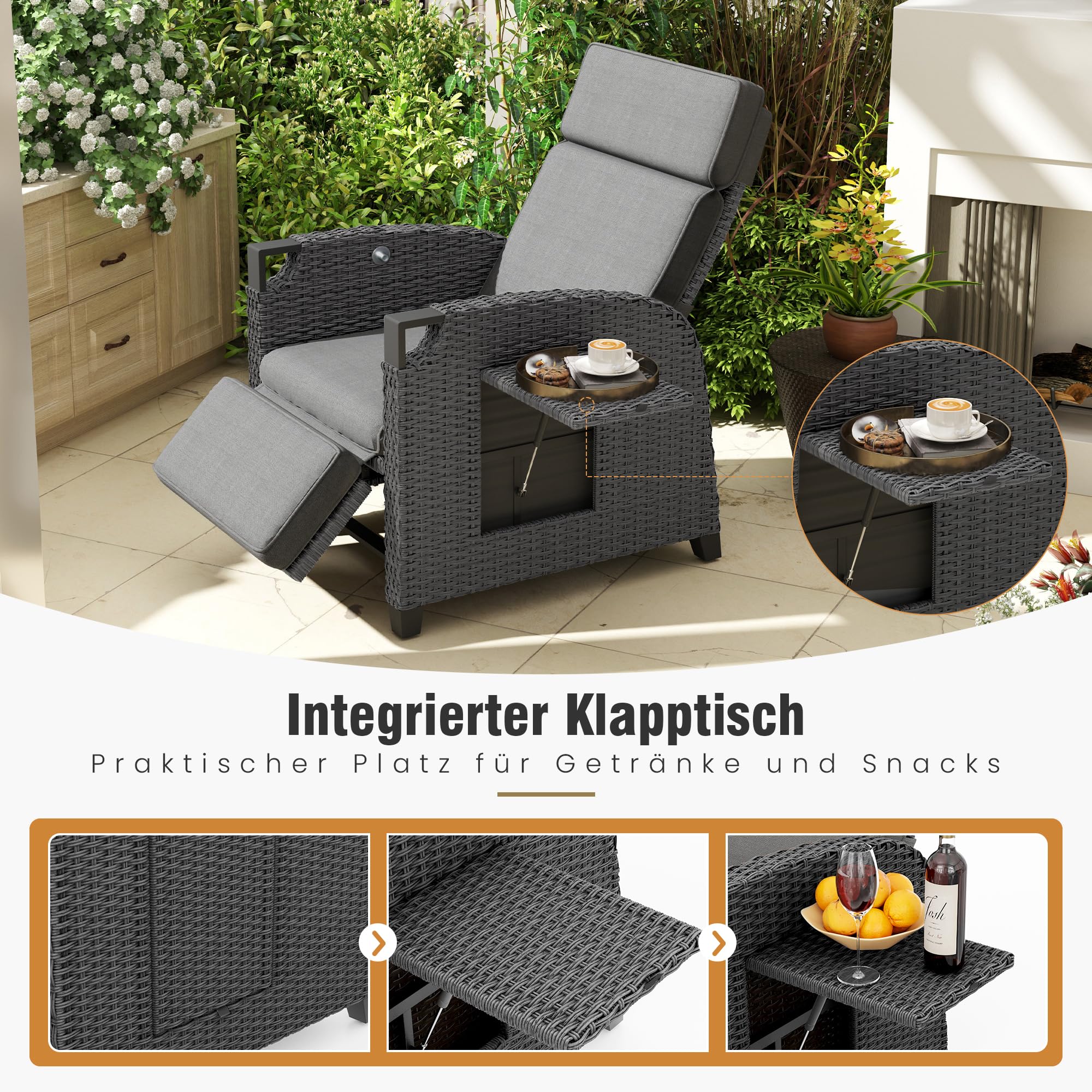 Amopatio Relaxliege Liegesessel, Rattan Sonnenliege mit Verstellbar Rückenlehne und Klapptisch, Outdoor Gartensessel wetterfestes, für Terrasse, Garten, Balkon – Grau