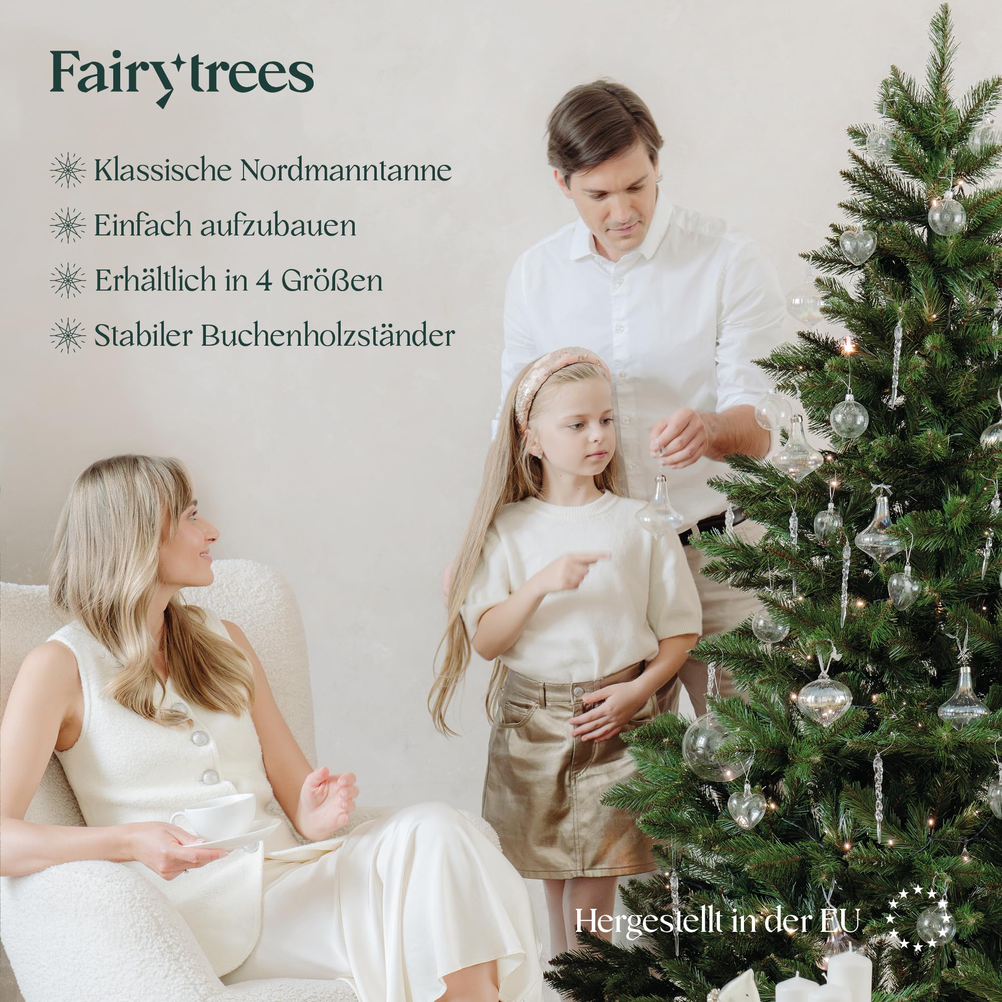 FairyTrees Weihnachtsbaum künstlich 180cm NORDMANNTANNE mit Christbaum Holzständer | TESTSIEGER Tannenbaum künstlich mit grünem Stamm | Made in EU