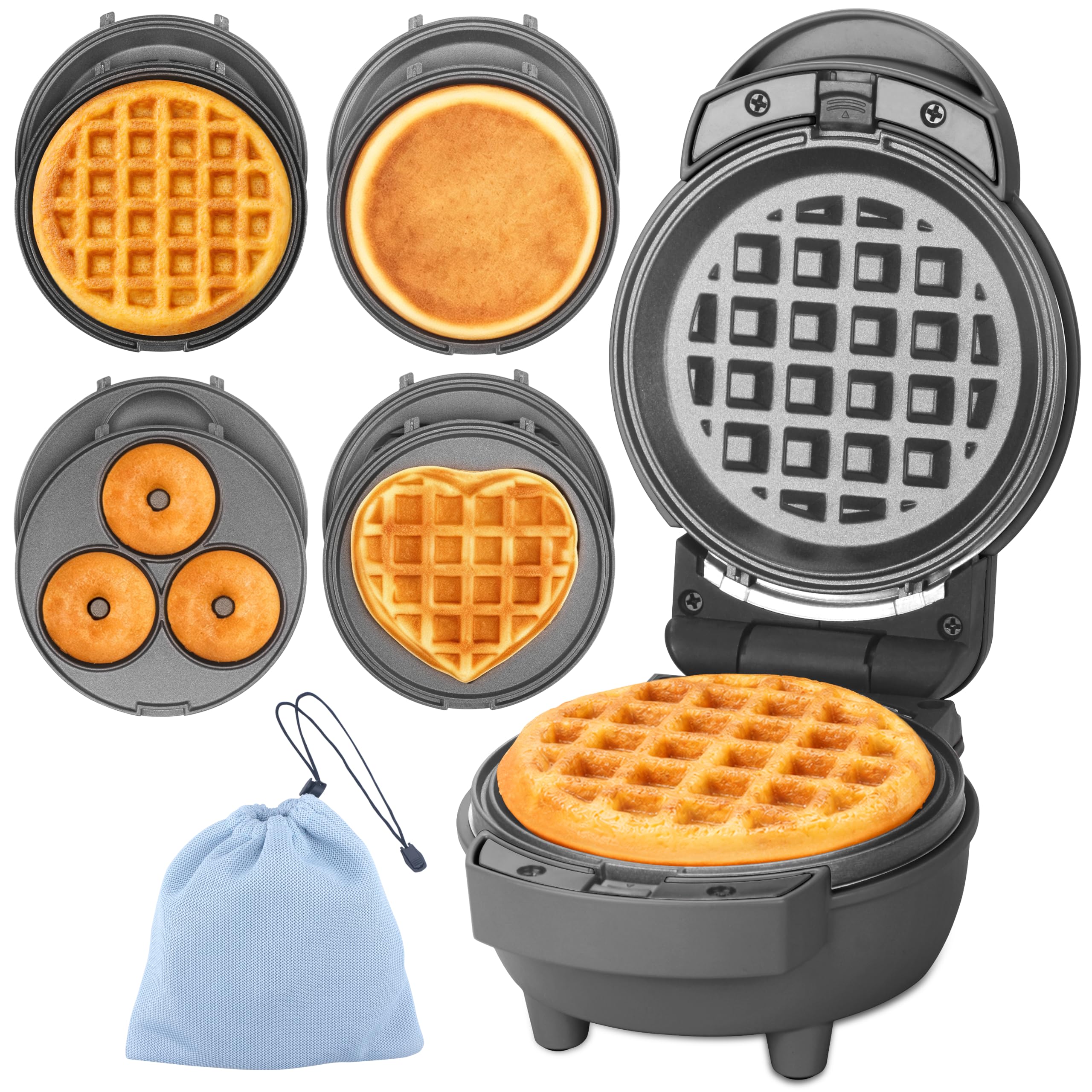 Baker's Friend 4 in 1 Mini Waffle Maker with Removable Plates, A Set of Mini Pancake Maker, Mini Donut Maker, Mini Heart Shape Waffle Maker and Small Waffle Maker, Recipe Included, Graphite, Compact
