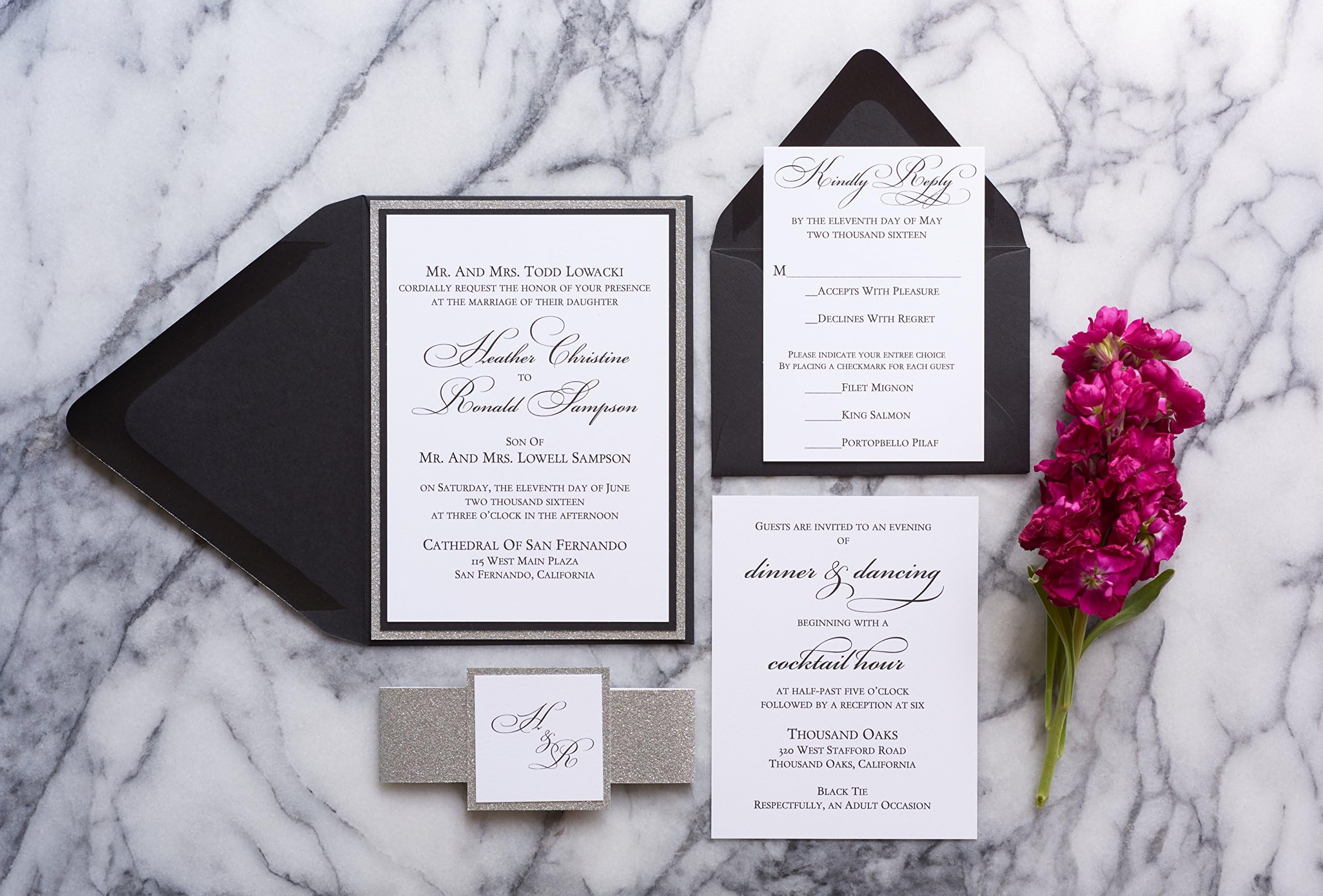 Personalized Glitter Wedding Invitation, Elegant Wedding card set, Heather sample
