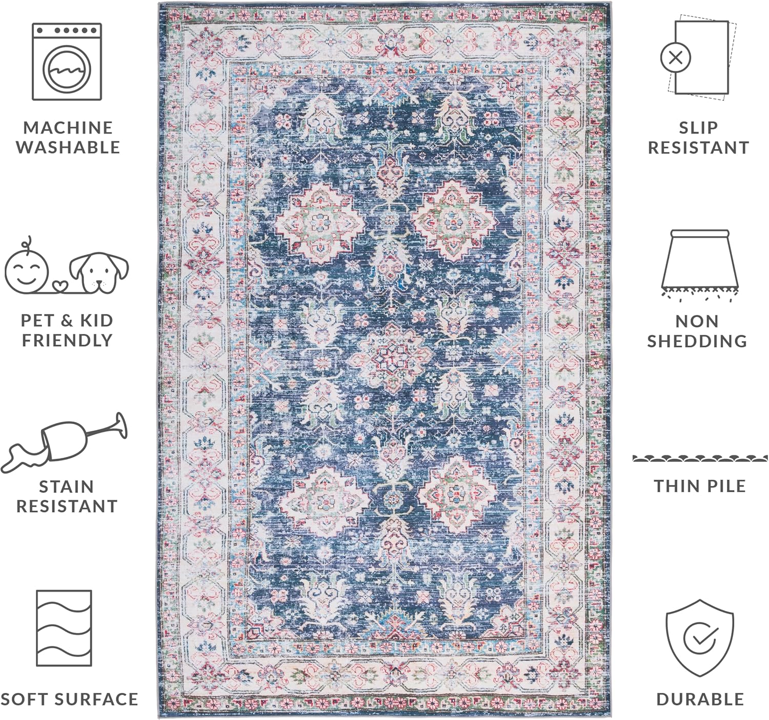 SAFAVIEH Washable Rug Tucson Collection - 3' x 5', Navy & Beige, Slip Resistant & Easy to Clean, Ideal for Foyer, Entryway, Kitchen, Bedroom (TSN196N)