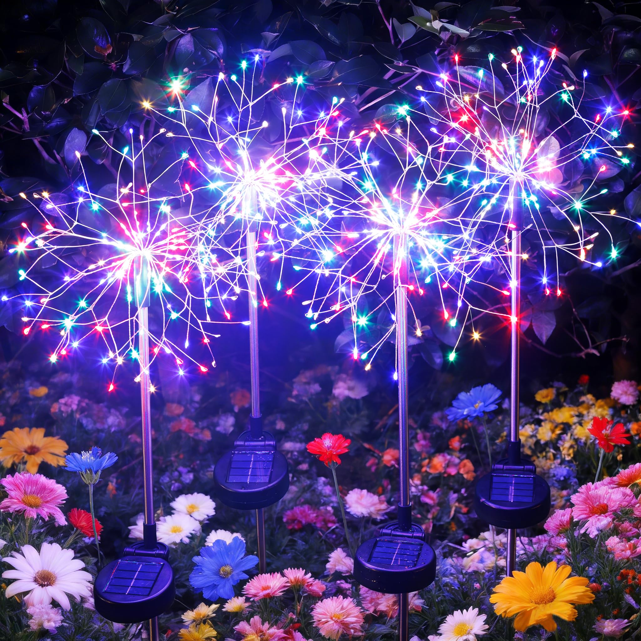 INMKALI Solar Garden Lights Outdoor Yard Decorations, 4 Pack 150Leds Pathway Light, Fairy Firework Stake Lights for Garden, Patio, Pathway, Flowerbed Multicolor