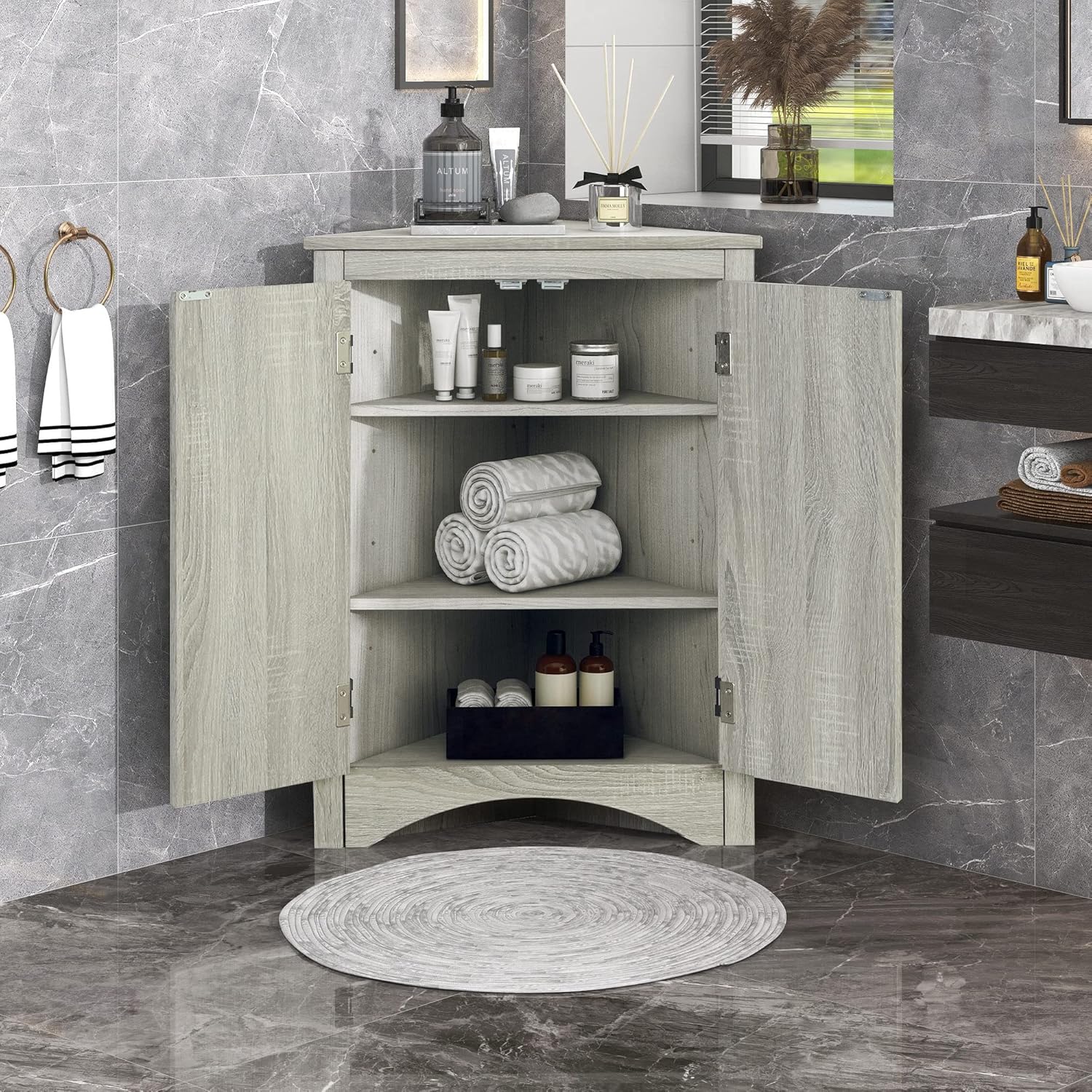 Corner Cabinet with Doors, Corner Bathroom Storage Cabinet with 2 Adjustable Shelves, Freestanding Bathroom Floor Corner Cabinet for Kitchen, Bathroom, Living Room (Oak), 17.2''W x 31.5''H
