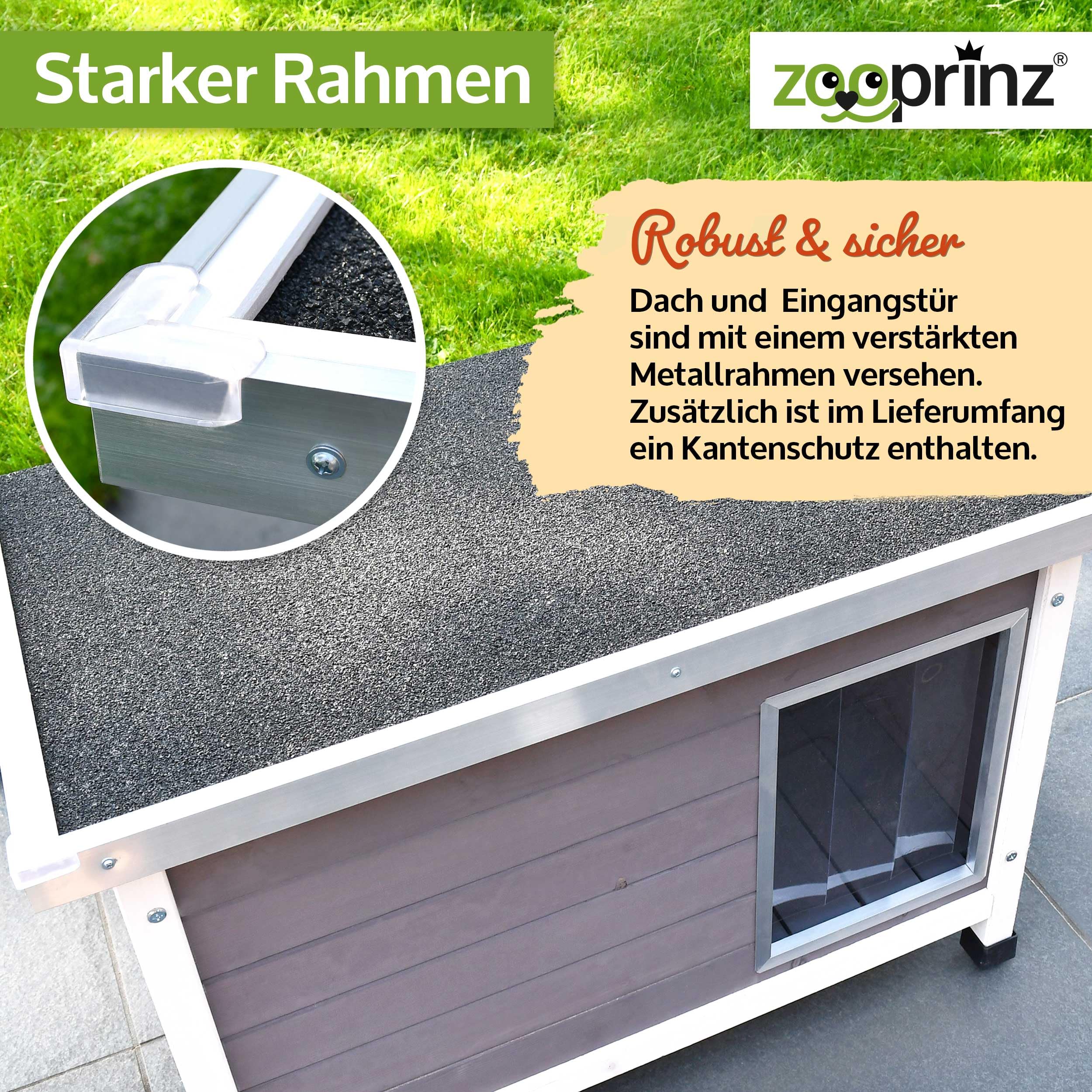 zooprinz Exklusive Hundehütte Jacky – aus wetterfestem & massivem Holz mit Metallrahmen, Dach zum Öffnen, Lamellentür & Kunststofffüßen – Hundehütte für Indoor und Outdoor (Hellgrau, XL)