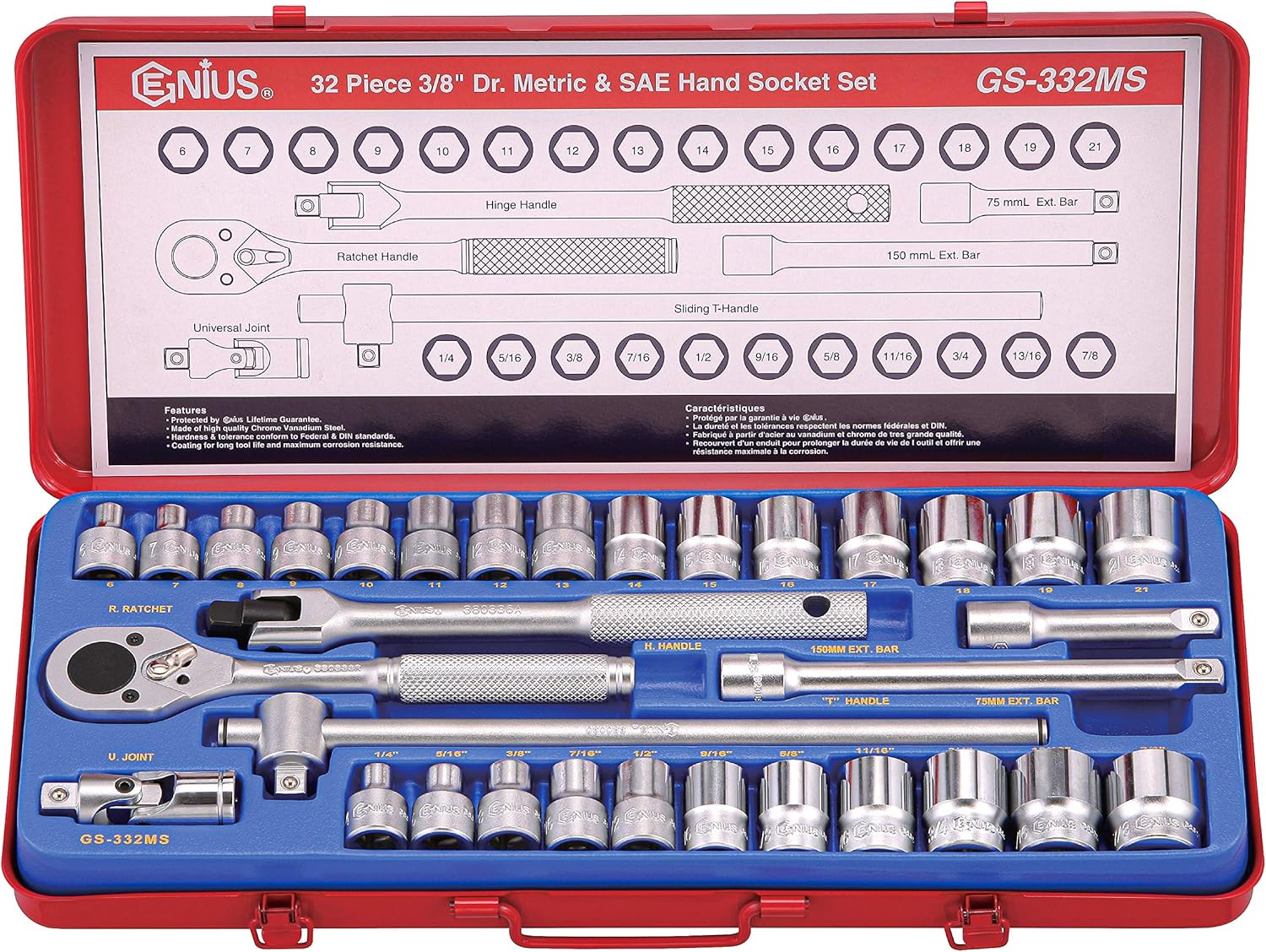 Genius Tools 32PC 3/8" Dr. Metric & SAE Hand Socket Set
