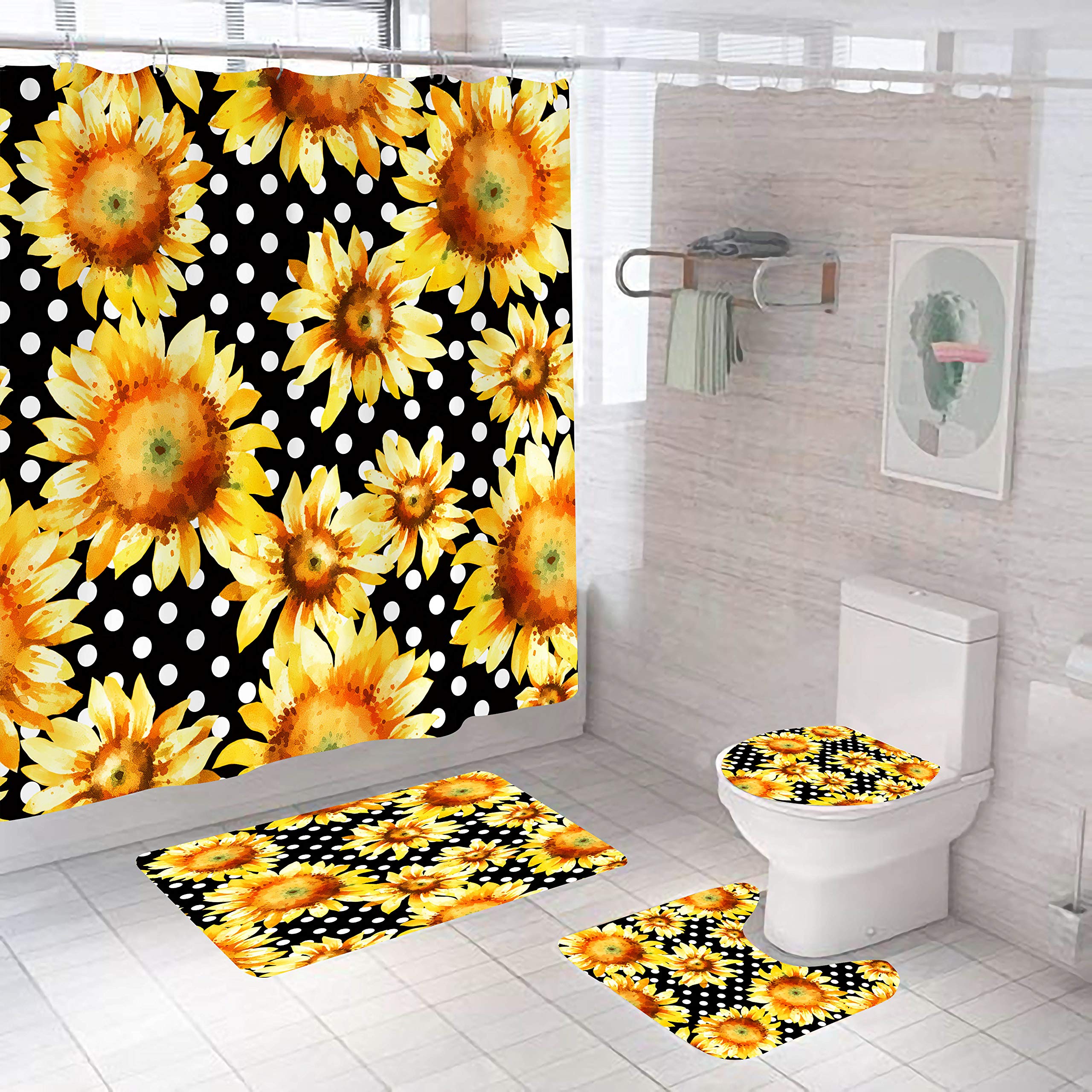 Badematten & Badteppiche Set 4 Teilig Badezimmerteppich Waschbar Badematte rutschfest,Wc Vorleger Mit Ausschnitt Badematte Und Duschvorhang,Badvorleger Toilette Teppich 50×80Cm Sonnenblumen