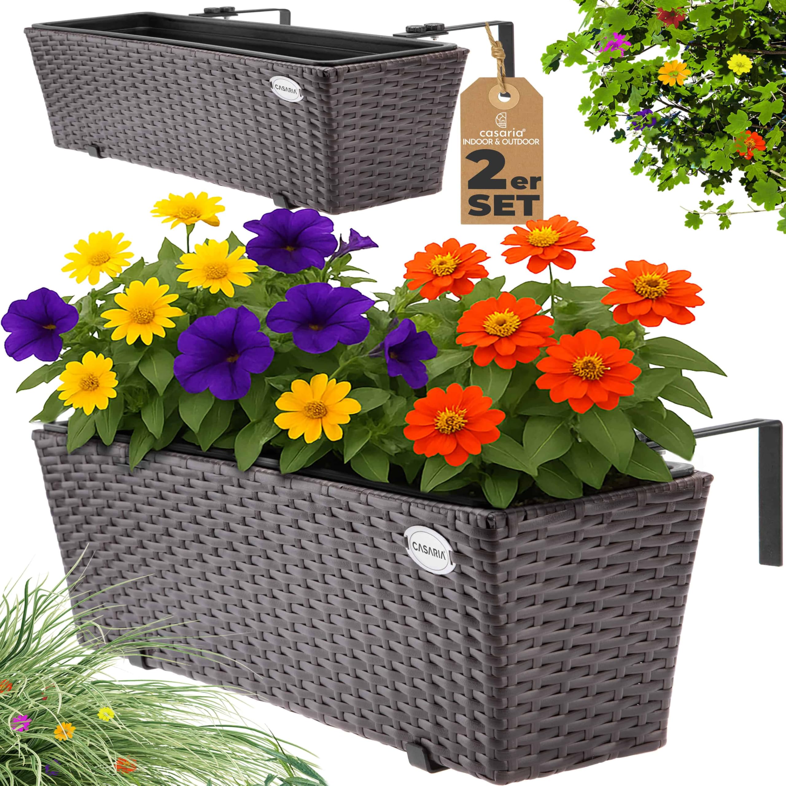 Casaria® Blumenkasten 2er Set 11 Liter Montagehalterung Indoor Outdoor Geländerkasten Balkonkasten Pflanzkasten braun