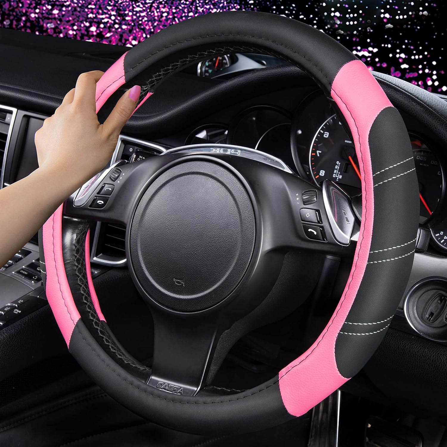 CAR PASS Line Rider Microfiber Leather Sporty 14.5-15 inch Steering Wheel Cover Universal Fits for 95% Truck,SUV,Cars, Anti-Slip Safety Comfortable Design (Black Pink) - Image 3