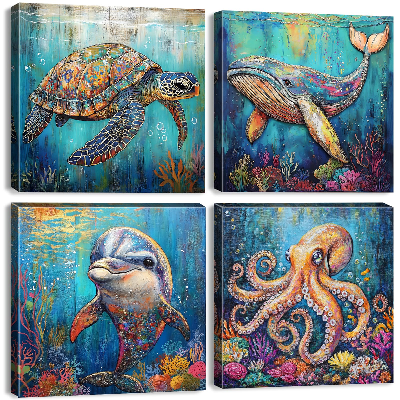 Bathroom Wall Art 16x16" 4Pcs, Blue Ocean Canvas Painting Vintage Wood Grain Background Animal Artwork Nautical Underwater World Cartoon Sea Turtle
