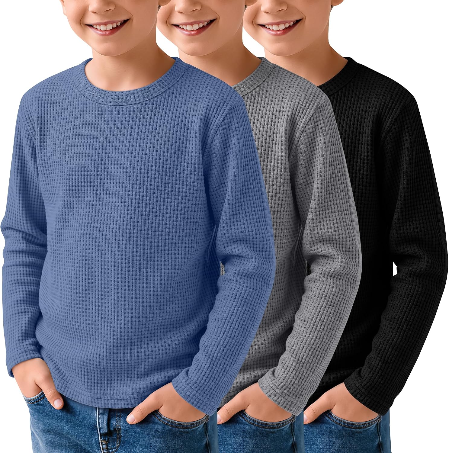 3 Pack Boys Waffle Shirts Kid Long Sleeve Warm Tops